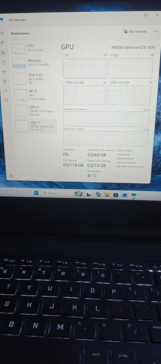 سلام عليكم
لابتوب اجبيي فكتوس

المواصفات كرت شاشه خارجي 1650 GTX NVIDIA كرت شاشه داخلي 1.4 جيجابايت

الذاكرة العشواءي RAM  16 DDR4

المعالجة Intel Core i5 - 12450H جيل 12

الشاشه 144هيرتز 

الملحقات حقيبة وشاحنه وماوس

السعر700 وبيها مجال

للاستفسار ***********

نص مكتوب في الصور:
- Task Manager
- Performance
- Run new task
- CPU
- 8% 0.83 GHz
- Memory
- 6.3/15.7 GB (40%)
- Disk 0 (C:)
- SSD (NVMe)
- 2%
- Wi-Fi
- S: 0 R: 0 Kbps
- GPU 0
- Intel(R) UHD Graphics
- 0% N/A
- GPU 1
- NVIDIA GeForce GTX...
- 0% (43 °C)
- Disk 0 (C:) MTFDKBA512TFH-1BC1AABHA
- Active time 100%
- 60 seconds
- Disk transfer rate 10 MB/s
- 7,7MB/s
- Active time
- Average response time
- 4.3 ms
- Capacity:
- Formatted:
- System disk:
- Page file:
- Type:
- 477 GB
- Yes
- Read speed
- 405 KB/s
- Write speed
- 1.1 MB/s
- Search
- CPU 3% 1.49 GHz
- Memory 6.3/15.7 GB (40%)
- Disk 0 (C:) SSD (NVMe) 0%
- Wi-Fi Wi-Fi S: 0 R: 0 Kbps
- GPU 0 Intel(R) UHD Graphics 0% N/A
- GPU 1 NVIDIA GeForce GTX...
- GPU NVIDIA GeForce GTX 1650
- 3D 0% Copy 0%
- Video Encode 0% Video Decode 0%
- Dedicated GPU memory 4.0 GB
- Shared GPU memory 7.8 GB
- Utilization 0%
- GPU Memory 0.0/11.8 GB
- Dedicated GPU memory 0.0/4.0 GB
- Shared GPU memory 0.0/7.8 GB
- Driver version:
- Driver date:
- DirectX version:
- Physical location:
- Hardware reserved mem...
- Temperature 43 °C