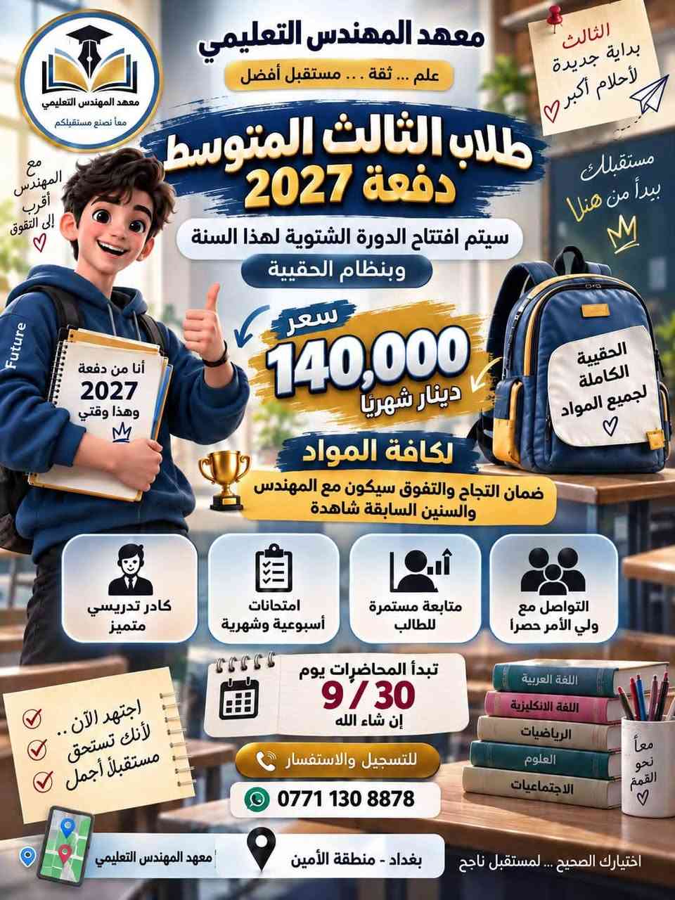 سارعو بلحجز المقاعد محدودة
للاستفسار ***********

نص مكتوب في الصور:
- أن حلمك يستحق كل تعب معهد المهندس التعليمي بالعلم نبني المستقبل يعلن معهد المهندس التعليمي عن افتتاح الدورة الشتوية لطلبة السادس العلمي بأقوى الكوادر التعليمية وأحدث الأساليب من هنا تبدأ رحلتك نحو القمة سعر المادة الواحدة 290 ألف دينار وعند تسجيل الطالب لأكثر من 3 مواد خصم 20% للطالب سارعوا بالحجز الرياضيات الفيزياء الكيمياء الأحياء مذاكرة اجتهاد نجاح قاعات مكيفة ومريحة كادر تدريسي متميز متابعة مستمرة للطالب أعلى درجات بإذن الله مستقبلك بين يديك للاستفسار رقم المعهد *********** العنوان الامين - شارع المدارس مقابل إعدادية الناصرة للبنات معهد المهندس التعليمي بالعلم نبني المستقبل
- لأنك تستحق مستقبلاً أجمل .. ♡ معهد المهندس التعليمي معاً نصنع مستقبلك الدورة الشتوية السادس الادبي مع نخبة من الأساتذة المتميزين خطوتك نحو التفوق .. تبدأ من هنا خصم 15% عند تسجيل أكثر من 3 مواد سعر المادة الواحدة 240,000 دينار فقط أبدأ الآن ولا تؤجل مستقبلك ♡ الأدب التاريخ الجغرافية الاقتصاد اللغة الإنجليزية الرياضيات المعهد مجاز من وزارة التربية العراقية جميع القاعات مكيفة ومجهزة ملخصات وملازم حديثة ومنظمة متابعة مستمرة واختبارات دورية كادر تدريسي متميز وذو خبرة اختر طريقك نحو التفوق .. مع معهد المهندس المواد المشمولة في السادس الادبي اللغة العربية اللغة الإنجليزية التاريخ الجغرافية الاقتصاد الرياضيات سارعوا بالحجز .. المقاعد محدودة بغداد - منطقة الأمين موقع مميز وسهل الوصول للاستفسار والتسجيل *********** معاً نصنع مستقبلك ♡ مستقبلك يبدأ من هنا .. ♡ معهد المهندس التعليمي .. خيارك الأفضل لمستقبل مشرق لغتنا قوتنا وهويتنا
- معهد المهندس التعليمي علم ... ثقة ... مستقبل أفضل طلاب الثالث المتوسط دفعة 2027 سيتم افتتاح الدورة الشتوية لهذا السنة وبنظام الحقيبة سعر 140,000 دينار شهرياً لكافة المواد ضمان النجاح والتفوق سيكون مع المهندس والسنين السابقة شاهدة كادر تدريسي متميز امتحانات أسبوعية وشهرية متابعة مستمرة للطالب التواصل مع ولي الأمر حصراً تبدأ المحاضرات يوم 9/30 إن شاء الله للتسجيل والاستفسار *********** بغداد - منطقة الأمين اختيارك الصحيح ... لمستقبل ناجح معهد المهندس التعليمي