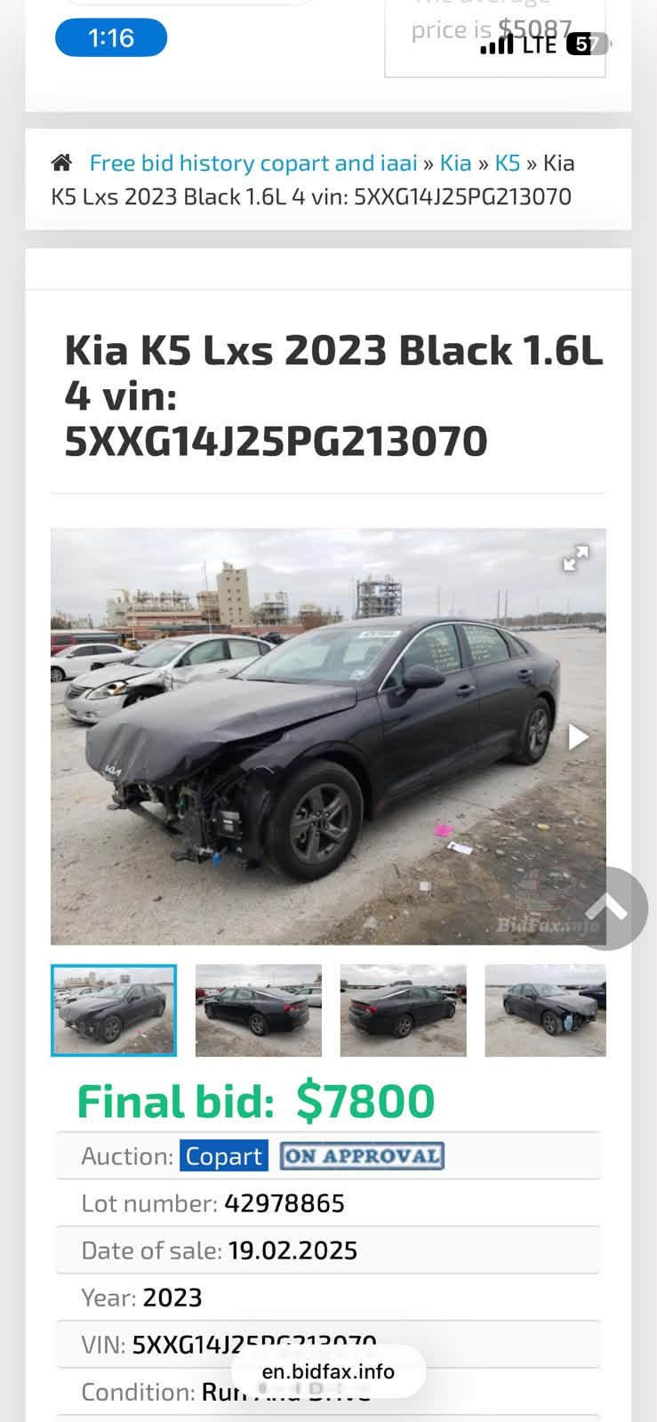 السلام عليكم

كي فايف K5 للبيع موديل2023

وارد امريكي حادث

ماشيه ٣٣ الف يعني جديده 

السياره بيه قطعه بدون دواخل البنيد بس بدون اي ضرر داخلي وبالعراق الجاملغ الخلفي فقط 

محرك وكير على وضع الشركة بلاديه

كهربائات وصدر بشرط 100‎%‎

مكينه 1600 تيربو [ تستقبل اي بانزين ]

وكيرها AT بلادي

الموصفات

بصمه

4 انضمه قياده

سايد بريك بصمه

اوتو هولد

حساسات + رادارات بكل مكان

تحديد مسار + كروز سرعه

نقط عمياء

شاشه تدعم كاربلي

كامره دواره مع رادار خلفي

ترحيب عند الاقتراب

تشغيل عن بعد

والباقي

رقم اربيل موجد سونار السعر 142 وبيه  مجال   بسيط رقم ***********

نص مكتوب في الصور:
- 1:16 price is $5087 Free bid history copart and iaai » Kia » K5 » Kia K5 Lxs 2023 Black 1.6L 4 vin: 5XXG14J25PG213070 Kia K5 Lxs 2023 Black 1.6L 4 vin: 5XXG14J25PG213070 BidFax.info Final bid: $7800 Auction: Copart ON APPROVAL Lot number: 42978865 Date of sale: 19.02.2025 Year: 2023 VIN: 5XXG14J25PG213070 en.bidfax.info Condition: Run and Drive