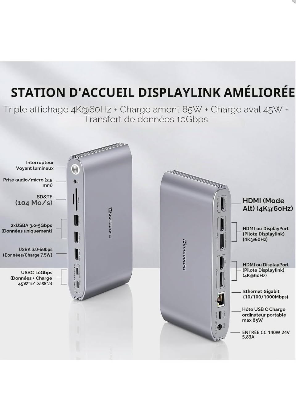 وكستيشن Minisopuru Displaylink 
مع محول طاقة 140 واط
 محطة إرساء ثلاثية الشاشات لأجهزة MacBook M1/M2/M3/M4/Windows (3x HDMI، 2x DisplayPort، 2x 10Gbps و USB C، شحن USB A)
واتساب ***********
