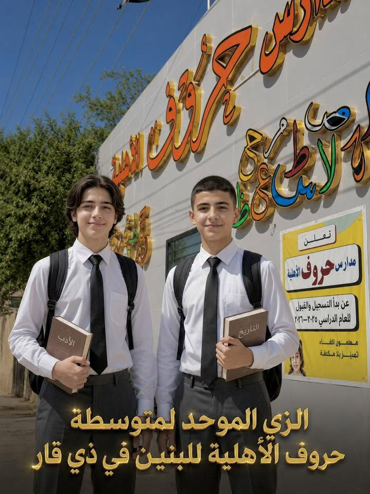 الزي الموحد لمدارس حروف الأهلية

🧑‍🎓الابتدائية المختلطة

👩🏻‍🎓متوسطة حروف الأهلية للبنات

👨🏻‍🎓متوسطة حروف الأهلية للبنين

زي موحد أنيق يعكس هويتنا ويجمع بين الراحة والترتيب

الناصرية الصالحية شارع الوقائي

للاستفسار والتسجيل
***********

#العراق #تعليم #مميز
