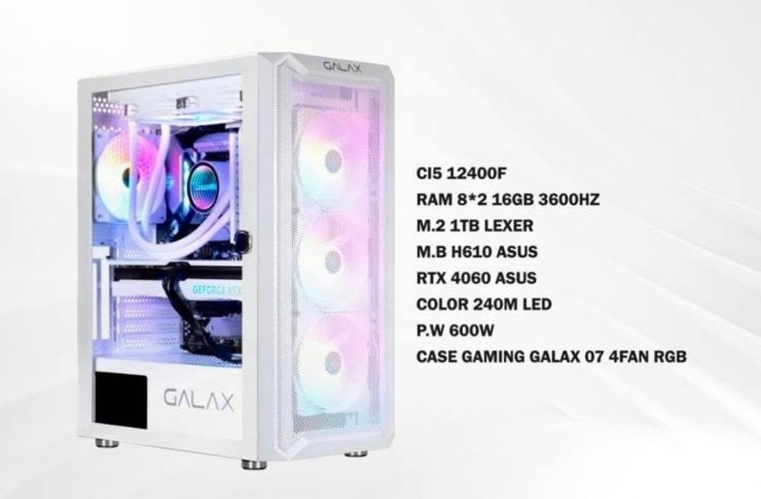 سلام عليكم
تجميعة للبيع، المواصفات
CI512400F
RAM 8*2 16GB 360‪0HZ
M.2 1TB LEXER
M.B H610 ASUS
RTX 406‪0 ASUS
COLOR 240‪M LED
P.W 600‪W
CASE GAMING GALAX 07 4FAN RGB
شاشة GAMEON 180‪HZ
+ميز Gaming RGB لون اسود تحكم ريمونت بالاضاءة
مكاني الانبار فلوجة 
***********‪اتصال او واتساب
***********‪ اتصال او واتساب

نص مكتوب في الصور:
- GAMEON GOPS27180IPS دقة مذهلة واداء فائق لتجربة لعب سلسة 27" 180Hz FAST IPS 0.5MS Response time FHD 1920X1080 NVIDIA G-SYNC COMPATIBLE CONSOLE READY
- CI5 12400F
- RAM 8*2 16GB 3600HZ
- RTX 4060 ASUS
- COLOR 240M LED
- P.W 600W
