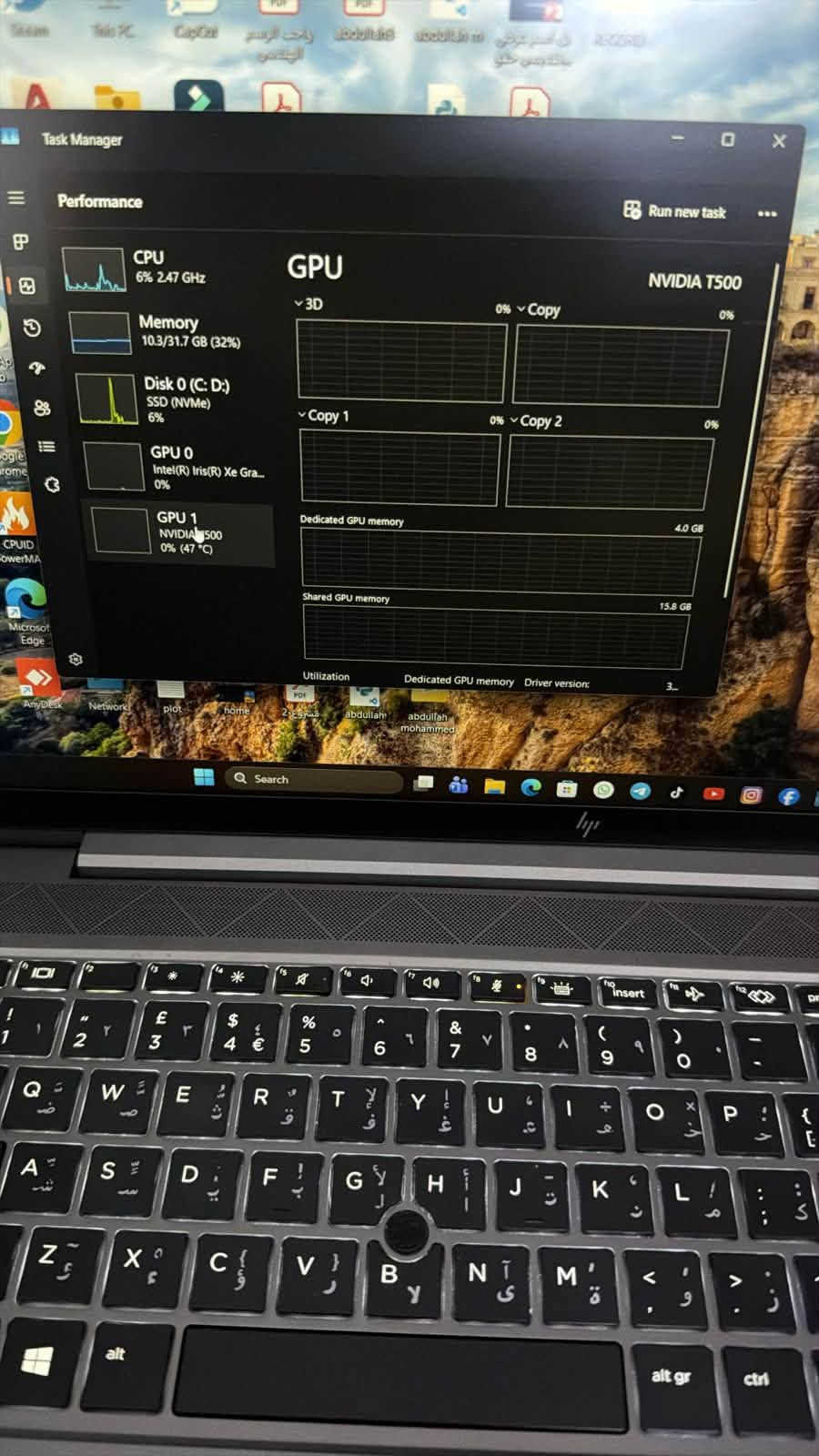 السلام عليكم لابتوب HB ZBOOK حجم الشاشه 15.6 

• المعالج: Intel Core i7-1165G7
• عدد الأنوية والمشارات: 4Cores / 8Threads - 12MB Cache
• الرام: 32GB DDR4
• التخزين: 512GB NVMe SSD (SK hynix)
• كرت الشاشة المنفصل: NVIDIA T500 (4GB)
• كرت الشاشة المدمج: Intel Iris Xe Graphics
السعر 850 الف مكاني بغداد الغدير 
تواصل ***********

نص مكتوب في الصور:
- Task Manager
- Performance
- CPU
- 9% 1.63 GHz
- Memory
- 10.1/31.7 GB (32%)
- Disk 0 (C: D:)
- SSD (NVMe)
- 3%
- GPU 0
- Intel(R) Iris(R) Xe Gra...
- 0%
- GPU 1
- NVIDIA T500
- 0% (49 °C)
- 32.0 GB DDR4
- 31.7 GB
- Memory usage
- 60 seconds
- Memory composition
- In use (Compressed)
- 10.1 GB (20.9 MB)
- Available
- 21.5 GB
- Speed:
- 2667 MT/s
- Slots used:
- 2 of 2
- Form factor:
- SODIMM
- Committed
- 9.1/33.7 GB
- Cached
- 4.5 GB
- Hardware reserved:
- 320 MB
- Paged pool
- 448 MB
- Non-paged pool
- 783 MB
- Run new task
- Search
- Task Manager Performance Run new task CPU 6% 2.11 GHz Memory 10.1/31.7 GB (32%) Disk 0 (C: D:) SSD (NVMe) 4% GPU 0 Intel(R) Iris(R) Xe Gra... 0% GPU 1 NVIDIA T500 0% (49 °C) CPU 11th Gen Intel(R) Core(TM) i7-1165G7 @ 2.80GHz % Utilization 100% 60 seconds 0 Utilization 6% Speed 2.11 GHz Base speed: 2.80 GHz Sockets: 1 Cores: 4 Processes Threads Handles Logical processors: 8 275 4790 123874 Virtualization: Enabled Up time L1 cache: 320 KB 11:01:55:19 L2 cache: 5.0 MB L3 cache: 12.0 MB Search Steam This PC CapCut PDF PDF m abdullah abdullah m في السعر عرضى ... واجب الرسم الهندسي مصطفى يحيى حقوق A Anydesk Network plot home 2 مشروع abdullah abdullah mohammed
- Steam This PC CapCut واجب الرسم الهندسي abdullah abdullah m من ااسمر عرضي تسجيل شاشق RECORD Task Manager Performance Run new task CPU 19% 2.81 GHz Memory 10.1/31.7 GB (32%) Disk 0 (C: D:) SSD (NVMe) 2% GPU 0 Intel(R) Iris(R) Xe Gra... 0% GPU 1 NVIDIA T500 0% (49 °C) Disk 0 (C: D:) SK hynix PC711 HFS512GDE9X073N Active time 100% 60 seconds Disk transfer rate 100 MB/s 60 MB/s 60 seconds Active time 2% Average response time 2.5 ms Read speed 205 KB/s Write speed 754 KB/s Capacity: 477 GB Formatted: 477 GB System disk: Yes Page file: Yes Type: SSD (NVMe) WhatsApp Web Google Chrome CPUID powerMA Microsoft Edge AnyDesk network plot home pdf abdullah abdullah mohammed Q Search
- 15% 1.84 GHz
- 10.4/31.7 GB (33%)
- 5%
- 0% (47 °C)
- GPU
- Intel(R) Iris(R) Xe Graphics
- 3D
- Copy
- Video Decode
- Video Processing
- Shared GPU memory
- 15.8 GB
- Utilization
- GPU Memory
- 0.6/15.8 GB
- Driver version:
- Driver date:
- DirectX version:
- Physical location:
- 32.0.101.7084
- 1/15/2026
- 12 (FL 12.1)
- PCI bus 0, devic...