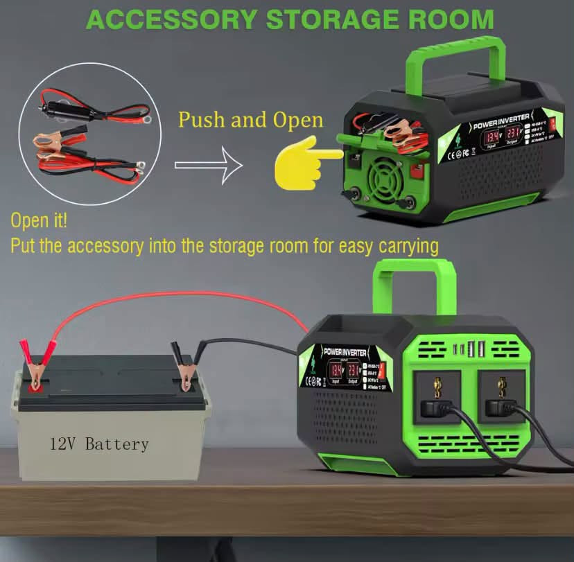 اعلى سعر

نص مكتوب في الصور:
- OUTDOOR EMERGENCY POWER SUPPLY 8 machine work together Switch (15W) Laptop (60W) Phone (11W) Camera (15W) Go Pro (15W) Drone (25W) DC Fan(50W) Lamp (5W)
- ACCESSORY STORAGE ROOM Push and Open Open it! Put the accessory into the storage room for easy carrying 12V Battery
- with Universal Socket Power Inverter DC 12V to AC 220V/110V 300W/500W 2x Battery Clip 1x Car Plug