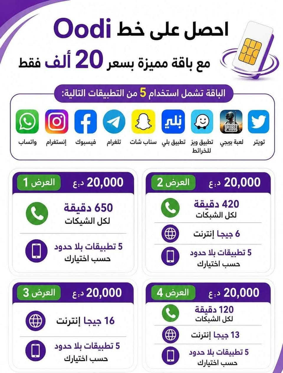 #خط_اثير_اودي_ابو_الخدمة_الشهرية
🔵 يسجل باسمك
🔵 خط مجاني تدفع بس سعر العرض
✅ خدمة ثابتة دائمية | التجديد شهري بنفس السعر مع زيادة كيگا انترنت هدية 

🟦 العرض الأول - 15 الف فقط
🔹 350 دقيقة اتصال لكل الشبكات
🔹 4 برامج تختارهن مفتوحة شهر

🟦 العرض الثاني - 15 الف فقط
🔹 150 دقيقة اتصال لكل الشبكات
🔹 6 كيگا انترنت
🔹 4 برامج تختارهن مفتوحة شهر

🟦 العرض الثالث - 15 الف فقط
🔹 75 دقيقة اتصال لكل الشبكات
🔹 8 كيگا انترنت
🔹 4 برامج تختارهن مفتوحة شهر

🟦 العرض الرابع – 20 ألف فقط
🔹 650 دقيقة اتصال لكل الشبكات
🔹 200 رسالة نصية لجميع الشبكات
🔹 5 برامج تختارهن مفتوحة شهر

🟦 العرض الخامس – 25 ألف فقط
🔹 1000 دقيقة اتصال لكل الشبكات
🔹 6 برامج تختارهن مفتوحة شهر

🟦 العرض السادس – 25 ألف فقط
🔹 420 دقيقة اتصال لكل الشبكات
🔹 14 كيگا انترنت
🔹 6 برامج تختارهن مفتوحة شهر

🟦 العرض السابع - 25 الف فقط
🔹 125 دقيقة اتصال كل شبكات
🔹 20 كيكا انترنت
🔹 6 برامج تختارهن مفتوحة شهر

🟦 العرض الثامن – 30 ألف فقط
🔹 1200 دقيقة اتصال لكل الشبكات
🔹 7 برامج تختارهن مفتوحة شهر 
🔹 يوتيوب و تيك توك معاً بلا حدود

للاستفسار والاتصال على الرقم
 ‏‪***********
