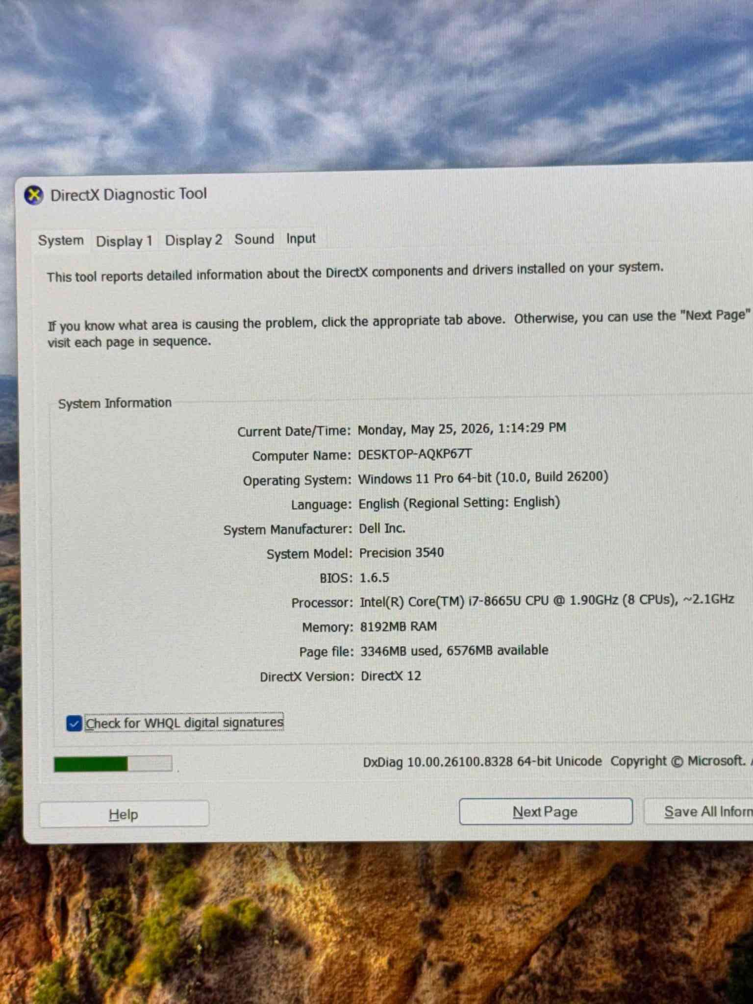 لابتوب للبيع توصيل موجود
DELL PRECISION 3540 ورك ستيشن فول مواصفات نضافة  للبرامج الهندسية والتصميم والالعاب 100% 
 المعالج كور اي سفن جيل ثامن 
رام 8 ddr4قابل للتطوير الى 32 كيكا 
هارد ssd nvme m.2 سريع جدا 256كيكا 
كارت شاشة خارجي AMD RADION PRO WX2100(2كيكا)
كارت داخلي انتل 4 كيكا
شاشة حجمها 15.6 ips فول اجدي الوانها واضحة كلش ونقية
نضافة ١٠٠ بالمية كلش معتني بيها واللابتوب كلشي تشغل ومنصب عليها اوتوكاد وفوتوشوب 
ملحقاتها  شاحنتها الاصليه موجوده 130w وجنطة
عنواني بغداد  وتوصيل موجود للمحافظات اكدر ارسلها بشركة توصيل 
السعر  450 الف
*********** واتساب

نص مكتوب في الصور:
- DirectX Diagnostic Tool System Display 1 Display 2 Sound Input This tool reports detailed information about the DirectX components and drivers installed on your system. If you know what area is causing the problem, click the appropriate tab above. Otherwise, you can use the "Next Page" visit each page in sequence. System Information Current Date/Time: Monday, May 25, 2026, 1:14:29 PM Computer Name: DESKTOP-AQKP67T Operating System: Windows 11 Pro 64-bit (10.0, Build 26200) Language: English (Regional Setting: English) System Manufacturer: Dell Inc. System Model: Precision 3540 BIOS: 1.6.5 Processor: Intel(R) Core(TM) i7-8665U CPU @ 1.90GHz (8 CPUs), ~2.1GHz Memory: 8192MB RAM Page file: 3346MB used, 6576MB available DirectX Version: DirectX 12 Check for WHQL digital signatures DxDiag 10.00.26100.8328 64-bit Unicode Copyright © Microsoft. Help Next Page Save All Information
- DirectX Diagnostic Tool System Display 1 Display 2 Sound Input Device Drivers Name: Intel(R) UHD Graphics 620 Main Driver: igdumc Manufacturer: Intel Corporation Version: 31.0.10 Chip Type: Intel(R) UHD Graphics Family Date: 11/13/2 DAC Type: Internal WHQL Logo'd: Yes Device Type: Full Display Device DirectX3D DDI: 12 Approx. Total Memory: 4129 MB Feature Levels: 12_1,1 Display Memory: 128 MB Driver Model: WDDM Shared Memory: 4001 MB DirectX Features DirectDraw Acceleration: Enabled Direct3D Acceleration: Enabled AGP Texture Acceleration: Enabled DirectX 12 Ultimate: Disabled Notes No problems found. Help Next Page Sa