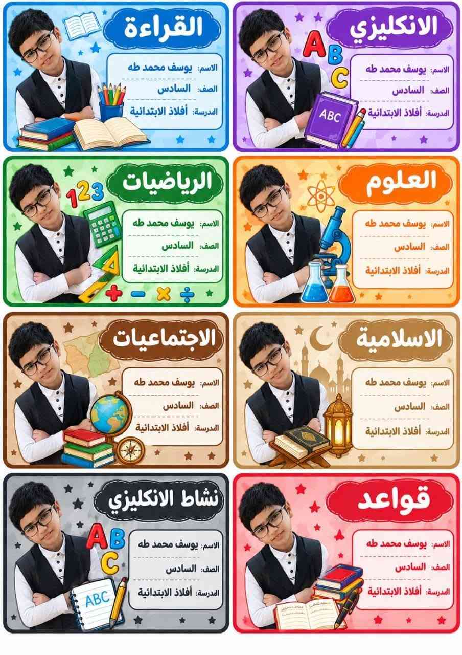 طلبات الزبائن الحلوين بالتوفيق والنجاح الدائم اطفالنا الحلوين 🥰🥰🥰🥰سعر الطبقة بالف( 1000 ) فقط بمناسبة العام الدراسي لواصق كتب والدفاتر صورة الطالب اسم الطالب واسم الماده والصف بسعر تنافسي يوجد توصيل  للحجز تواصل ع رقم//*********** إتصال او واتساب📚❤️ ملاحظة توصيل مجاناً تكريت_الفرسان_ حماد شهاب _المحزم_الصقور

نص مكتوب في الصور:
- دفتر القراءة
- الاسم : فهد ناظم محمود
- الصف : روضة
- المدرسة : روضة البنفسج
- دفتر الانكليزي
- ABC
- دفتر الرياضيات
- 123
- دفتر العلوم
- أ ب ت
- دفتر الاملاء
- دفتر الاسلامية
- دفتر الرسم
- دفتر املاء الانكليزي
- القراءة الاسم: سيرين محمد طه الصف: الثالث المدرسة: أفلاذ الابتدائية الانكليزي الاسم: سيرين محمد طه الصف: الثالث المدرسة: أفلاذ الابتدائية الرياضيات الاسم: سيرين محمد طه الصف: الثالث المدرسة: أفلاذ الابتدائية العلوم الاسم: سيرين محمد طه الصف: الثالث المدرسة: أفلاذ الابتدائية الاخلاقية الاسم: سيرين محمد طه الصف: الثالث المدرسة: أفلاذ الابتدائية الاسلامية الاسم: سيرين محمد طه الصف: الثالث المدرسة: أفلاذ الابتدائية نشاط الرياضيات الاسم: سيرين محمد طه الصف: الثالث المدرسة: أفلاذ الابتدائية نشاط الانكليزي الاسم: سيرين محمد طه الصف: الثالث المدرسة: أفلاذ الابتدائية
- القراءة
- الاسم: نادين مهند احمد
- الصف: الثالث
- المدرسة:
- الانكليزي
- الرياضيات
- العلوم
- الاخلاقية
- الاسلامية
- نشاط الرياضيات
- نشاط الانكليزي
- الاسم: لانا محمد احمد
- المدرسة: الفارعة الابتدائية
- دفتر املاء الانكليزي الاسم: يوسف محمد طه الصف: السادس المدرسة: أفلاذ الابتدائية دفتر الانكليزي الاسم: يوسف محمد طه الصف: السادس المدرسة: أفلاذ الابتدائية دفتر الرياضيات الاسم: يوسف محمد طه الصف: السادس المدرسة: أفلاذ الابتدائية دفتر العلوم الاسم: يوسف محمد طه الصف: السادس المدرسة: أفلاذ الابتدائية دفتر املاء الاسم: يوسف محمد طه الصف: السادس المدرسة: أفلاذ الابتدائية دفتر الاسلامية الاسم: يوسف محمد طه الصف: السادس المدرسة: أفلاذ الابتدائية دفتر الاجتماعيات الاسم: يوسف محمد طه الصف: السادس المدرسة: أفلاذ الابتدائية دفتر القواعد الاسم: يوسف محمد طه الصف: السادس المدرسة: أفلاذ الابتدائية
- الاسم: يوسف محمد طه
- الصف: السادس
- المدرسة: أفلاذ الابتدائية
- الاجتماعيات
- قواعد