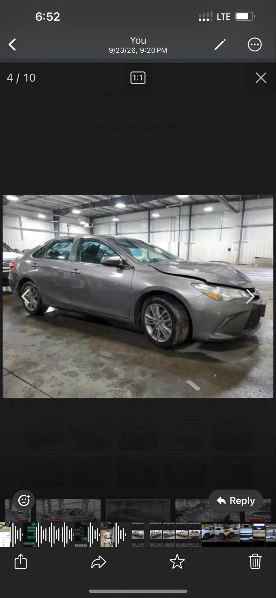 toyota camry 2016 SE 
جملخ و بونیت بویاخە ئیرباگ تەقیە بیلاد دانرایە 
سەقفی کلیرە بئ معجون 
١٨٦.٠٠٠ کم رویشتیە 
سەیارە بئ مەسروفە زور پاک و خاوئن ماوە گیر مکینە بە شەرت سەرە شاسی هەیە  سەیارە بئ کئشەیە نەفسی روژ وەکالە دەکا 
*********** أربيل, العراق

نص مكتوب في الصور:
- 2:38 LTE bid.cars 1 / 10
- 2:39 LTE bid.cars 6 / 10 Sales History Similar archival offers You are watching archived offer. Auction ended on Tuesday, January 31, 2023