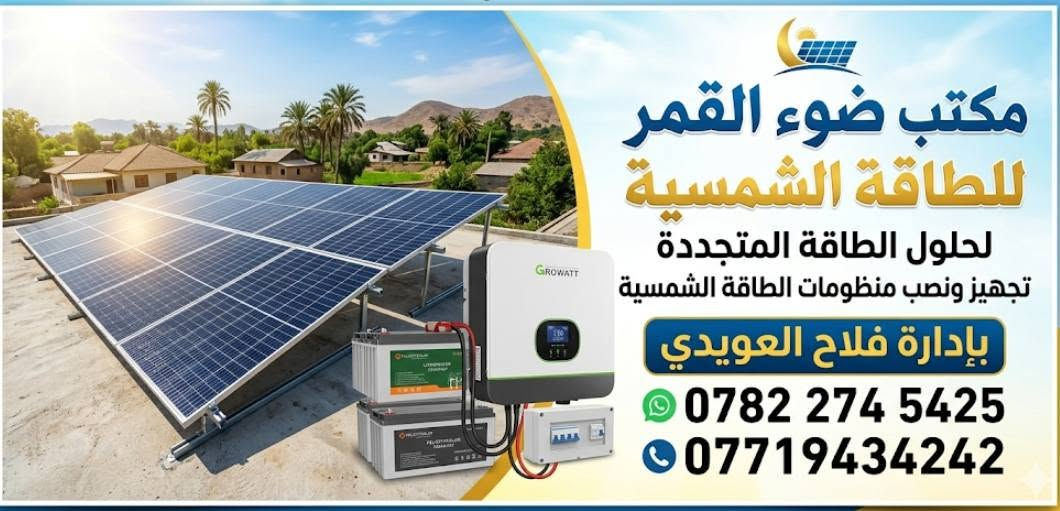 أهلنا وأحبابنا في الشوملي، صار مكتبنا قريب عليكم!
​ مكتب [مكتب ضوء القمر للطاقة الشمسية] بخدمتكم دائماً.
​الموقع: الشوملي - [ قرب البانزين خانه قرب اسواق ابو هاني ]
​رقم التواصل:[***********..... ***********..... ***********]
​زورونا وتدللون! ....... أهالينا الكرام في الشوملي وضواحيها وبقيت المحافظات. ☀️
​خلصوا من انقطاع الكهرباء واجعلوا منزلكم أو مزرعتكم مستقلة بالطاقة النظيفة والمستدامة!
​يسرنا في [مكتب ضوء القمر للطاقه الشمسيه] تقديم أحدث حلول ومنظومات الطاقة الشمسية (للمنازل،  والشركات) بأعلى جودة وأفضل الأسعار، وبضمان حقيقي.
​ما نقدمه لكم:
​دراسة وتصميم المنظومة المناسبة لاحتياجك الفعلي.
​توفير أفضل أنواع الألواح، المحولات (Inverters)، والبطاريات العالمية.
​تركيب وصيانة احترافية بأيدي فريق متخصص.
​خدمات التقسيط المريح ( يوجد نظام الاقصاد لحاملي ماستر الرافدين) لتسهيل الأمر عليكم.
​📍 الموقع: الشوملي - [ سايدين شوملي دغاره قرب اسواق ابو هاني قرب البانزين خانه ]

​استثمر بالشمس، ووفر لبيتك راحة بال مستمرة! ☀️⚡ مكتب ضوء القمر للطاقه الشمسيه بااداره فلاح العويدي حسن العويدي احمد العويدي كرار العويدي
