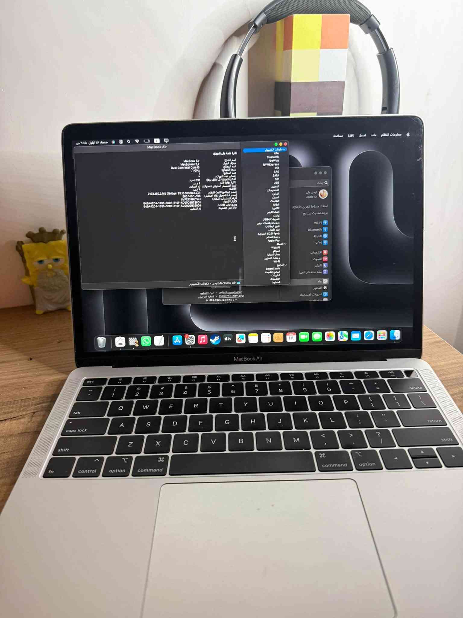 سلام عليكم
ماك بوك اير 2019 للبيع الابتوب نضيف حيل ما داخل صيانه ذاكره 128 الرام 8 المعالج intel core i5 السعر 450 وبيها مجال المكان بغداد الدوره 
الرقم ***********

نص مكتوب في الصور:
- معلومات النظام ملف تعديل نافذة مساعدة
- MacBook Air
- بحث
- Apple ID
- امتلات مساحة تخزين iCloud
- يوجد تحديث للبرامج
- Wi-Fi
- Bluetooth
- الشبكة
- VPN
- الإشعارات
- الصوت
- التركيز
- مدة استخدام الجهاز
- عام
- المظهر
- تسهيلات الاستخدام
- معلومات النظام:
- معلومات البطارية:
- معلومات الطراز:
- الرقم المسلسل:
- الشركة المصنعة:
- اسم الجهاز:
- Pack Lot Code:
- PCB Lot Code:
- إصدار البرنامج الثابت:
- التحقق من الجهاز:
- التحقق من الحالة:
- معلومات الشحن:
- شحن البطارية أدنى من مستوى التحذير:
- تم الشحن كليًا:
- الشحن:
- السعة القصوى للشحن (مللي أمبير/ساعة):
- حالة الشحن (٪):
- معلومات السلامة:
- عدد الدورات:
- الحالة:
- إمدادات طاقة النظام:
- تيار كهربي متردد:
- مؤقت إسبات النظام (بالدقائق):
- مؤقت إسبات الفرص (بالدقائق):
- مؤقت إسبات شاشة العرض (بالدقائق):
- التنبيه عند Change AC:
- التنبيه عند Clamshell Open:
- التنبيه على LAN:
- تثبيت شاشة العرض عند الإسبات:
- Hibernate Mode:
- نمط الطاقة المنخفضة:
- منح "تسهيل الوصول إلى الشبكة" الأولية على "إسبَات":
- طاقة البطارية:
- مؤقت إسبات القرص (بالدقائق):
- مكونات الكمبيوتر
- ATA
- FireWire
- NVMExpress
- PCI
- SAS
- SATA
- SPI
- USB
- التخزين
- التشخيصات
- الذاكرة
- الطابعات
- طاقة
- الكاميرا
- إنشاء الفرص
- إيثرنت
- تحديثUSB4
- رسومات / شاشات عرض
- قارئ البطاقات
- قناة الألياف
- واجهة SCSI العوازية
- وحدة التحكم
- Apple Pay
- شبكة
- WWAN
- المواقع
- جدار الحماية
- وحدات التخزين
- البرامج
- SmartCards
- البرامج القديمة
- التطبيقات
- الخطوط
- MacBook Air | إيمن | مكونات الكمبيوتر ، الطاقة
- اتفاقية ترخيص البرنامج - شهادة التنظيم
- توافق ®ENERGY STAR - اتفاقية الترخيص
- © 1983-2026 Apple Inc.,