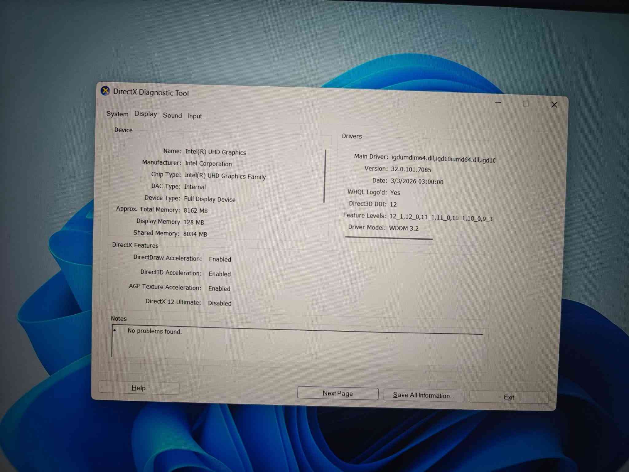 🔥 عرض خاص من ياسر للحاسبات 🔥

💻 Dell Vostro 3530 | الجيل 13

💰 السعر: 420 ألف دينار عراقي فقط

✨ جهاز عملي وأنيق، مناسب للدراسة والعمل والمكاتب والبرمجة والاستخدام اليومي.

📋 المواصفات:
🔹 المعالج: Intel Core i3-1305U – الجيل 13
🔹 الرام: RAM 16GB
🔹 التخزين: SSD 512GB Nvme 
🔹 كرت الشاشة: Intel UHD Graphics
🔹 الشاشة: Display 15.6 إنج

🎁 الملحقات: شاحن أصلي + جنطة

🛡️ ضمان 7 أيام للاستبدال
🚚 يوجد توصيل لجميع محافظات العراق

📱 واتساب: ***********
☎️ اتصال: ***********

نص مكتوب في الصور:
- ياسر للحاسبات جودة عالية - أداء مضمون - أسعار منافسة بيع لابتوبات جديد و مستعمل خدمة ما بعد البيع دعم فني أسعار مناسبة تناسب الجميع ضمان على الأجهزة جودة مضمونة أجهزة مختبرة يوجد توصيل لكافة المناطق WhatsApp: *********** إتصال: ***********
- DirectX Diagnostic Tool
- System Display Sound Input
- This tool reports detailed information about the DirectX components and drivers installed on your system.
- If you know what area is causing the problem, click the appropriate tab above. Otherwise, you can use the "Next Page" button below to visit each page in sequence.
- System Information
- Current Date/Time: Monday, September 14, 2026, 6:12:23 PM
- Computer Name: DESKTOP-G2S56KJ
- Operating System: Windows 11 Pro 64-bit (10.0, Build 26200)
- Language: English (Regional Setting: English)
- System Manufacturer: Dell Inc.
- System Model: Vostro 15 3530
- BIOS: 1.33.0
- Processor: 13th Gen Intel(R) Core(TM) i3-1305U (6 CPUs), ~1.6GHz
- Memory: 16384MB RAM
- Page file: 3204MB used, 15808MB available
- DirectX Version: DirectX 12
- Check for WHQL digital signatures
- DxDiag 10.00.26100.9278 64-bit Unicode Copyright © Microsoft. All rights reserved.
- Help
- Next Page
- Save All Information...
- Exit
- Device
- Drivers
- Name: Intel(R) UHD Graphics
- Manufacturer: Intel Corporation
- Chip Type: Intel(R) UHD Graphics Family
- DAC Type: Internal
- Device Type: Full Display Device
- Approx. Total Memory: 8162 MB
- Display Memory: 128 MB
- Shared Memory: 8034 MB
- DirectX Features
- DirectDraw Acceleration: Enabled
- Direct3D Acceleration: Enabled
- AGP Texture Acceleration: Enabled
- DirectX 12 Ultimate: Disabled
- Notes
- No problems found.
- Main Driver: igdumdim64.dll,igd10iumd64.dll,igd10
- Version: 32.0.101.7085
- Date: 3/3/2026 03:00:00
- WHQL Logo'd: Yes
- Direct3D DDI: 12
- Feature Levels: 12_1,12_0,11_1,11_0,10_1,10_0,9_3
- Driver Model: WDDM 3.2