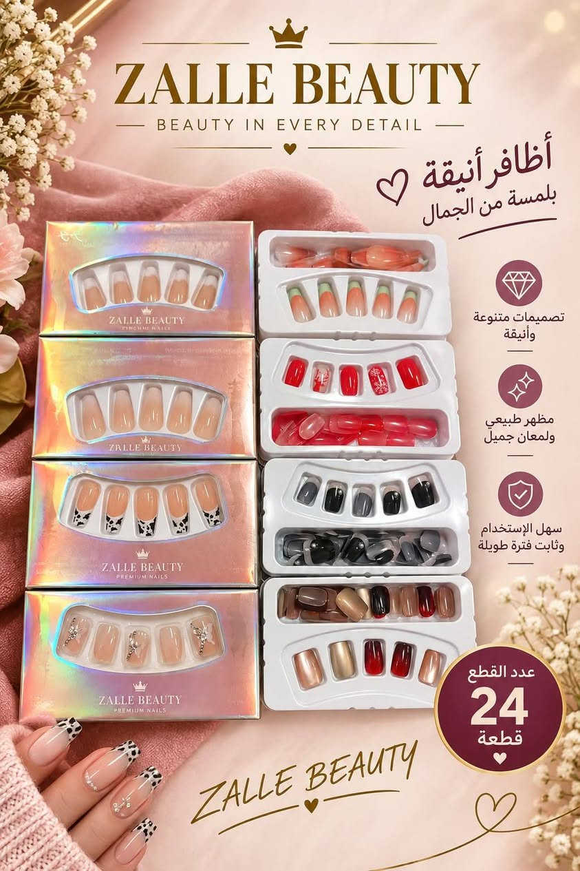 💅✨ وصلت أظافر جديدة إلى زيلا بيوتي ✨💅
بنات، دلّلن نفسكن بأظافر حلوة وأنيقة وبعروض ولا أروع 😍❤️
🎀 السيت الواحد يحتوي على 24 قطعة بسعر 3 آلاف دينار فقط
🎀 سيتين بسعر 5 آلاف دينار فقط 🔥
🚚 متوفر توصيل بسماية 
💌 للحجز والاستفسار مراسلة على الخاص
ZELLA BEAUTY 🤍 جمالك يبدأ من هنا

نص مكتوب في الصور:
- ZALLE BEAUTY BEAUTY IN EVERY DETAIL أظافر أنيقة بلمسة من الجمال تصميمات متنوعة وأنيقة مظهر طبيعي ولمعان جميل سهل الإستخدام وثابت فترة طويلة عدد القطع 24 قطعة ZALLE BEAUTY