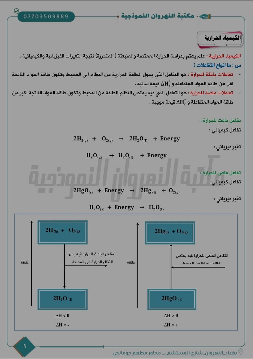 🧪📚 متوفر الآن | ملزمة الكيمياء الجاهزة للسادس العلمي

👨‍🏫 أستاذنا الكريم… ملزمتك جاهزة باسمك!

ملزمة احترافية وجاهزة للطباعة، بتصميم خاص يحمل اسم الأستاذ وهويته ✨

▪️ غلاف خاص باسم الأستاذ
▪️ علامة مائية داخلية بأسم الأستاذ
▪️ محتوى منظم وجاهز للطباعة
▪️ إمكانية التعديل والإضافة والحذف حسب رغبتك

📞 للاستفسار: ***********
📍 بغداد – النهروان – شارع المستشفى – مجاور مطعم جومانجي

🏫 كل ما يحتاجه المعلم والطالب في مكان واحد 🪄

نص مكتوب في الصور:
- *********** مكتبة النهروان النموذجية الفصل الاول : الثرموداينمك مقدمة الثرموداينمك : علم يهتم بدراسة الطاقة وتحولاتها ويهدف نحو تحويل اكبر قدر ممكن من الطاقة الحرارية الناتجة من احتراق الوقود الى انواع اخرى من الطاقات مثل الطاقة الميكانيكية للاستفادة منها في عمل المحركات . س: ماهي الظواهر التي يفسرها علم الثرموداينمك ؟ ١. سبب حدوث التفاعلات الكيميائية . ٢. التنبؤ بحدوث التغيرات الكيميائية والفيزيائية عندما توجد مادة او اكثر تحت ظروف معينة . ٣. حدوث بعض التفاعلات تلقائياً واخرى لا تحدث ابداً بشكل تلقائي عند نفس الظروف . ٤. سبب حدوث الطاقة المصاحبة للتفاعلات الكيميائية سواء في التفاعلات نفسها او في الوسط المحيط بها . س : ما الجانب الذي لا يهتم علم الثرموداينمك بدراسته ؟ ج: لا يهتم علم الثرموداينمك بعامل الزمن الذي يستغرقه التفاعل (علل) لأنه يتنبأ فقط أمكانية حدوث التفاعل بشكل تلقائي ام لا دون أن يبين سرعة التفاعل لان سرعة التفاعل من اهتمام علم الحركيات الذي يختص بدراسة سرعة التفاعل. س : ماهي انواع / اشكال الطاقة ؟ (وزاري/فراغات) ج: ١. الطاقة الكامنة : تشمل جميع الطاقة الكيميائية المخزونة في جميع أنواع المواد وجميع أنواع الوقود. ٢. الطاقة الحركية : تشمل طاقة جميع الأجسام المتحركة مثل الجزيئات والماء المتحرك والسيارات . س : أعط [ مثال / ظاهرة / حالة ] تفسر قانون الثرموداينمك الاول ؟ وعلام ينص ؟ ج: تتحول الطاقة الكامنة في الماء الى طاقة حركية إذا تحرك الماء من اعلى الشلال الى أسفله لان الطاقة الناتجة وهي الحركية يمكن ان تدور المحرك لتوليد الطاقة الكهربائية . وعليه تم استنتاج قانون الثرموداينمك الاول (وزاري) الذي ينص : ان الطاقة لا تفنى ولا تستحدث من العدم ولكن يمكن ان تتحول من شكل الى أخر بغداد_النهروان_شارع المستشفى_ مجاور مطعم جومانجي ١
- *********** مكتبة النهروان النموذجية الحرارة (q) الحرارة : احد أشكال الطاقة الشائعة في حياتنا اليومية ويرمز لها (q) وهي تمثل انتقال الطاقة الحرارية بين جسمين مختلفين في درجة الحرارة درجة الحرارة : هي مفهوم لقياس الطاقة الحرارية لجْسيمات مادة معينة وتصف لنا شدة الحرارة ومن خلالها يمكن تحديد سريان الحرارة وعادة تقاس بدرجة الحرارة المطلقة K التغير في الحرارة : تعني الفرق بين درجة الحرارة النهائية ودرجة الحرارة الابتدائية ويرمز لها بالرمز ΔT حيث ΔT = Tf - Ti س : عرف السعة الحرارية و الحرارة النوعية ؟ السعة الحرارية : كمية الحرارة اللازمة لرفع درجة حرارة كتلة m مقدرة بالغرام [m(g)] من اي مادة درجة سيليزية واحدة ووحدتها (J/°C) الحرارة النوعية : كمية الحرارة اللازمة لرفع درجة حرارة كتلة غرام واحد (1g) من اي مادة درجة سيليزية واحدة ووحدة الحرارة النوعية (J/g.°C) . س: ما الفرق بين الحرارة النوعية والسعة الحرارية ؟ وما هي وحدات هاتين الكميتين ؟ ج: الحرارة النوعية السعة الحرارية ١- كتلة المادة محددة ومقدارها واحد غرام ١- كتلة المادة غير محددة ٢- تعتبر من الخواص المركزّة ٢- تعتبر من الخواص الشاملة ٣- وحدتها J/g.°C ٣- وحدتها J/°C القوانين: التغير في درجة الحرارة : درجة الحرارة الابتدائية ΔT = Tf - Ti التغير في درجة الحرارة درجة الحرارة النهائية q = C.ΔT السعة الحرارية (J/°C) كمية الحرارة المنبعثة او المتحررة او الممتصة او المكتسبة وحدتها الجول (J) او الكيلوجول (kJ) الحرارة النوعية (J/g.°C) C = c.m بغداد_النهروان_شارع المستشفى_ مجاور مطعم جومانجي
- *********** مكتبة النهروان النموذجية علل : لا يعتبر الانثاوبي هو الدالة المسيرة للتفاعل ؟ أو علل : معرفة ΔH وحدها لا تحدد تلقائية التفاعل ؟ ج: لان بعض التفاعلات ماصه وتحدث تلقائيا والبعض الاخر باعده وتحدث تلقائيا ايضا ولذلك لا يمكن القول ان الانثالبي هو الدالة التي تتحكم في معرفه التفاعل تلقائي او لا من خلال اشارته. علل : الحرارة والشغل لا تعتبر دالة حالة ؟ ج: لان قيمتها تتغير بتغير الظروف لذا تعتمد على المسار و الخطوات التي يتم من خلالها التغيير ، ولا يمكن قياس القيمة المطلقة لدالة الحالة وانما يمكن قياس التغير لها. الخواص العامة للمواد الخواص الشاملة : وهي تشمل جميع الخواص التي تعتمد على كمية المادة الموجودة في النظام مثل الكتلة والحجم والسعة الحرارية والانثالبي والانتروبي والطاقة الحرة . الخواص المركزة: وتشمل جميع الخواص التي لا تعتمد على كمية المادة الموجودة في النظام مثل الضغط ودرجة الحرارة والكثافة والحرارة النوعية . مكتبة النهروان النموذجية س : ما الفرق بين الخواص المركزة والخواص الشاملة مع اعطاء امثلة لكل منها . الحل: الخواص الشاملة الخواص المركزة ١ - تشمل جميع الخواص التي تعتمد على كمية المادة ١ - تشمل جميع الخواص التي لا تعتمد على كمية المادة الموجودة في النظام . الموجودة في النظام . ٢ - مثل الكتلة ، الحجم ، السعة الحرارية . ٢ - مثل الضغط ودرجة الحرارة الكثافة ، الحرارة النوعية الانثالبي : دالة حالة ثرموداينمكية وخاصية شاملة تمثل كمية الحرارة الممتصة او المتحررة المقاسة بثبوت الضغط ويرمز لها بالرمز H ولا يمكن قياس القيمة المطلقة لها لانها دالة حالة ويقاس لها التغير الحاصل فيها ΔH . علل : الانثالبي يعتبر دالة حالة وهي خاصية شاملة ؟ ج: لأنها تعتمد على كمية المادة فالتغير في انثالبي تفاعل ٢ مول من المادة = ضعف التغير في انثالبي تفاعل ١مول من المادة نفسها علل : عند ضرب او قسمة طرفي المعادلة الحرارية بمعامل معين يجب ان تجري نفس العملية على قيمة الانثالبي ؟ ج: لان الانثالبي دالة حالة وخاصية شاملة تعتمد على كمية المادة الموجودة في التفاعل  بغداد_النهروان_شارع المستشفى_ مجاور مطعم جومانجي
- *********** - مكتبة النهروان النموذجية - الكيمياء الحرارية - الكيمياء الحرارية : علم يهتم بدراسة الحرارة الممتصة والمنبعثة ( المتحررة) نتيجة التغيرات الفيزيائية والكيميائية .
- س : ما انواع التفاعلات ؟
- - تفاعلات باعثة للحرارة : هو التفاعل الذي يحول الطاقة الحرارية من النظام الى المحيط وتكون طاقة المواد الناتجة اقل من طاقة المواد المتفاعلة و ΔHr قيمه سالبة .
- - تفاعلات ماصة للحرارة : هو التفاعل الذي فيه يمتص النظام الطاقة من المحيط وتكون طاقة المواد الناتجة اكبر من طاقة المواد المتفاعلة و ΔHr قيمة موجبة .
- تفاعل باعث للحرارة :
- تفاعل كيميائي :
- 2H2(g) + O2(g) -> 2H2O(l) + Energy
- تغير فيزيائي :
- H2O(g) -> H2O(l) + Energy
- مكتبة النهروان النموذجية
- تفاعل ماص للحرارة :
- 2HgO(s) + Energy -> 2Hg(l) + O2(g)
- H2O(s) + Energy -> H2O(l)
- 2H2(g) + O2(g)
- 2H2O (l)
- ΔH < 0
- ΔH = -
- طاقة
- التفاعل الباعث للحرارة فيه يحرر النظام الحرارة الى المحيط
- 2Hg(l) + O2(g)
- 2HgO (s)
- ΔH > 0
- ΔH = +
- التفاعل الماص للحرارة فيه يمتص النظام الحرارة من المحيط .
- ۹
- بغداد_النهروان_شارع المستشفى_مجاور مطعم جومانجي
- *********** - مكتبة النهروان النموذجية - س : ما مميزات المعادلة الكيميائية الحرارية ؟ أو بماذا تختلف عن المعادلات الاخرى ؟ ١. أشارته ΔH المصاحبة للتفاعلات إذا كانت موجبة فأن التفاعل ماص للحرارة ، أما إذا كانت سالبة فأن التفاعل باعث H2O (s) → H2O (l) ΔH = 6 Kj / mol ٢. يجب ذكر الحالة الفيزيائية للمواد المتفاعلة والناتجة لان كمية الحرارة الممتصة أو المنبعثة تتغير بتغير الحالة الفيزيائية للمادة H2 (g) + 1/2O2 (g) → H2O (l) ΔH = -286 Kj / mol H2 (g) + 1/2O2 (g) → H2O (g) ΔH = -242 Kj / mol ٣. أذا تم عكس التفاعل تعكس أشاره ΔH H2O (s) → H2O (l) ΔH = 6 Kj / mol H2O (l) → H2O (s) ΔH = -6 Kj / mol ٤. عند ضرب او قسمة طرفي المعادلة بعامل يجب ان تجري نفس العملية على قيمة ΔH H2O (s) → H2O (l) ΔH = 6 Kj / mol 2H2O (s) → 2H2O (l) ΔH = 6×2 = 12 Kj / mol علل : من الضروري بيان الحالة الفيزيائية عند كتابة التفاعلات الحرارية ؟ ج: لان كمية الحرارة الممتصة أو المنبعثة تتغير بتغير الحالة الفيزيائية للمادة H2 (g) + 1/2O2 (g) → H2O (l) ΔH = -286 Kj / mol H2 (g) + 1/2O2 (g) → H2O (g) ΔH = -242 Kj / mol س : ماذا نعني بالظروف القياسية في الكيمياء الحرارية ؟ وماذا نعني الظروف القياسية للغازات ( STP ) ؟ ١. الظروف القياسية في الكيمياء الحرارية : درجة حرارة 25C ( 298K ) - ضغط 1atm ٢. الظروف القياسية للغازات [ STP ] : درجة حرارة 0C ( 273K ) - ضغط 1atm قياس انثالبي التفاعل س : صف المسعر تتم بواسطته قياس الحرارة الممتصة أو المنبعثة بثبوت الضغط ؟ ج: هو جهاز يستخدم لقياس حرارة التفاعل الممتصة او المتحررة في التفاعل الكيميائي عند ثبوت الضغط حيث توضع فيه كميات معروفة من المواد المتفاعلة مكوناته : وعاء للتفاعل مغمور في كمية معينة من الماء معروفة الكتلة موجودة في وعاء معزول عزلا جيدا بما ان الحرارة المتحررة من التفاعل ترفع درجة حرارة الماء والمسعر لذا يمكن قياس كميتها من الزيادة في درجة الحرارة اذا كانت السعة الحرارية للمسعر ومحتوياته معروفة ١٠ بغداد_النهروان_شارع المستشفى_مجاور مطعم جومانجي