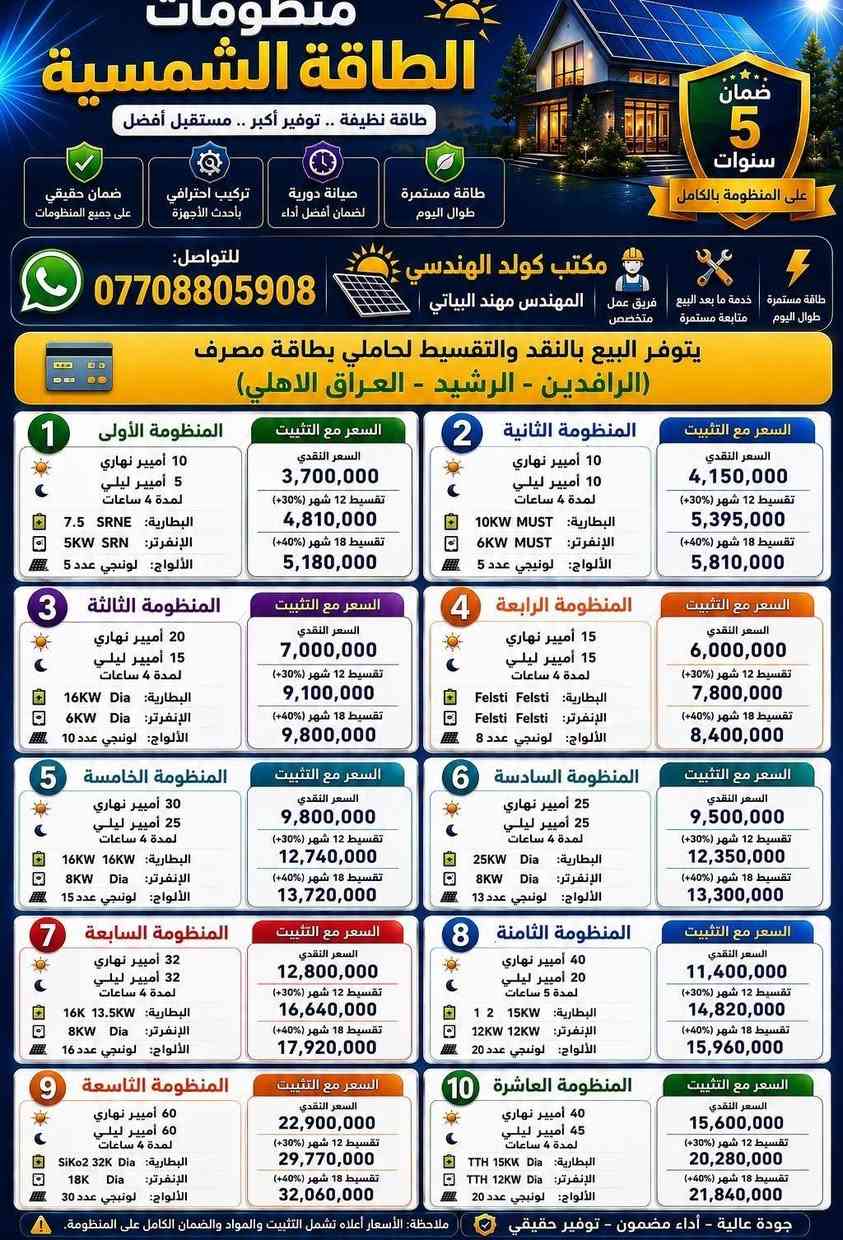 إلى أصحاب المحلات  والمكاتب
وعيادات الأطباء وأصحاب الدور
جهاز يعمل ب الألواح وبدون الواح
الضمان ٥ سنوات استبدال 

السلام عليكم ورحمة الله وبركاته يعلن مكتب كولد الهندسي للطاقه الكهربائية عن وصول عاكس توليد الطاقة الكهربائية بتيار وفولتيه ثابته
سعه البطاريه 6 كيلواط وسعه الانفيرتر 11 كيلواط
يعمل ب الألواح و بدون الواح
ضمان خمس سنوات البطاريه والانفيرتر استبدال  جهاز  مشترك
2*1
البيع بالنقد وبالتقسيط
لحاملي بطاقه مصرف الرافدين والرشيد والعراق الاهلي
للتواصل والاستفسار التواصل عبر الواتساب ***********
المهندس مهند البياتي
