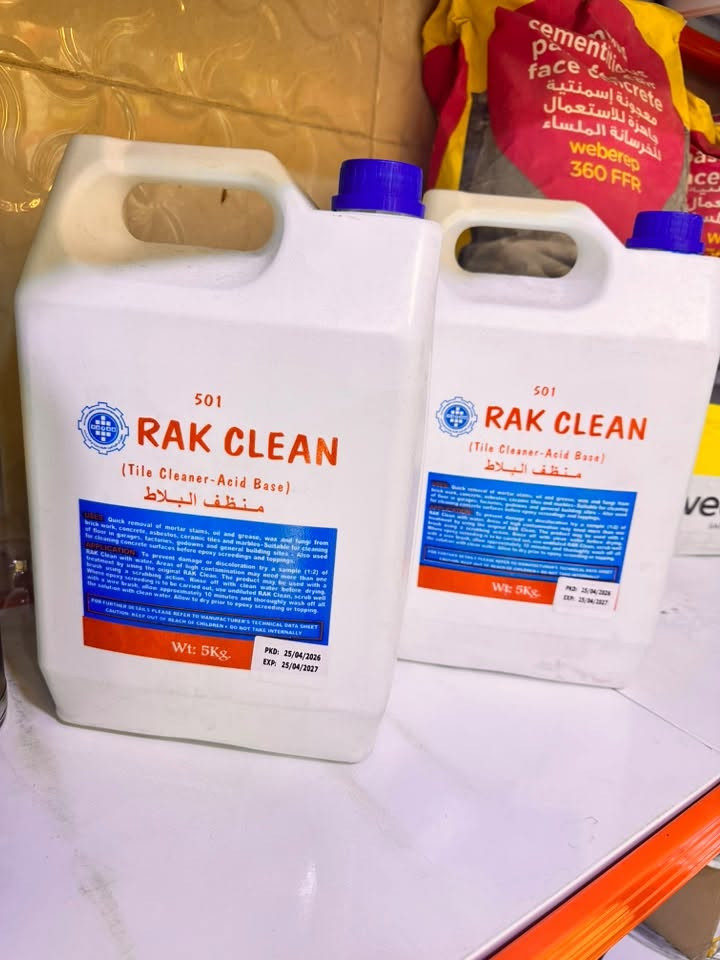 "وداعاً للأوساخ المستعصية! "Rak Clean" هو مفتاحك لأرضيات جديدة تمامًا.
استعد لإعادة الحيوية واللمعان لأرضياتك مع "Rak Clean"، الحل الشامل والفعال لإزالة أصعب البقع والأوساخ.
لماذا "Rak Clean" هو الخيار الأفضل لك؟
 * قوة تنظيف فائقة: تم تصميم "Rak Clean" بتركيبة متقدمة قادرة على التعامل مع البقع الأكثر صلابة، بدءًا من بقايا مواد البناء والزيوت والشحوم وصولاً إلى الصدأ وتراكمات الأوساخ القديمة.
 * متعدد الاستخدامات: لا يقتصر تأثير "Rak Clean" على السيراميك فحسب، بل يعمل بفعالية مذهلة على مختلف أنواع الأرضيات بما في ذلك:
   * بلاط الموزاييك
   * بلاط التيرازو
   * الأرضيات الخرسانية
   * الأسطح الأخرى القابلة للغسل (يرجى التحقق من التوافق قبل الاستخدام)
 * آمن وفعال: على الرغم من قوته التنظيفية، "Rak Clean" آمن للاستخدام عند اتباع التعليمات. فهو يمنح نتائج مذهلة دون إلحاق الضرر بسطح الأرضية.
 * سهل الاستخدام: لا حاجة لمهارات احترافية. ببساطة، قم بتخفيف "Rak Clean" بالماء حسب درجة الاتساخ (يرجى الرجوع إلى التعليمات الموجودة على العبوة للحصول على نسب التخفيف المثالية)، ثم قم بتطبيقه باستخدام قطعة قماش أو ممسحة واتركه لبضع دقائق قبل شطفه بالماء.
 * نتائج فورية وملموسة: ستلاحظ الفرق من أول استخدام. سيتم إزالة البقع المستعصية، وستستعيد أرضياتك لمعانها وبريقها الطبيعي.
استثمر في جمال ونظافة منزلك أو مكان عملك مع "Rak Clean".
أطلبه الآن واستعد للاستمتاع بأرضيات تبدو جديدة تماماً!
لمزيد من المعلومات أو لطلب المنتج، يرجى الاتصال
***********

"Rak Clean" - الحل الأقوى لأرضياتك.
#تنظيف #أرضيات #لمعان #RakClean #منتج_فعال #حل_متكامل

نص مكتوب في الصور:
- كيمياء البناء لتجارة مواد البناء الحديثة *********** نظافة أكثر.. لمعان يدوم 501 RAK CLEAN منظف البلاط (Tile Cleaner-Acid Base) إزالة قوية للأوساخ والدهون والرواسب الكلسية لجميع أنواع البلاط والسيراميك قوة تنظيف عالية يزيل البقع الصعبة والأوساخ والدهون والرواسب الكلسية. يعيد اللمعان يمنح البلاط والسيراميك مظهراً نظيفاً ولمعاناً كأنه جديد. كفاءة واقتصادية تركيبة فعالة بكمية قليلة وتغطي مساحة كبيرة وبسعر مناسب. سهل الاستخدام يستخدم بسهولة دون الحاجة إلى أدوات معقدة. مناسب للاستخدامات المنزلية والصناعية للمنازل، المكاتب، المحلات والمشاريع الإنشائية. يحل هذه المشاكل إزالة الأوساخ المتراكمة على البلاط والسيراميك. التخلص من الرواسب الكلسية والبقع الدهنية. تنظيف بعد أعمال البناء والترميم. إعادة لمعان البلاط القديم. مناسب للحمامات والمطابخ والأماكن الرطبة. طريقة الاستخدام يخفف بالماء حسب درجة الاتساخ (عادة 1:5). يُطبق على السطح ويُترك لبضع دقائق. يُفرك بفرشاة أو إسفنجة ثم يُشطف بالماء. النتيجة: سطح نظيف ولامع الجدوى الاقتصادية بفضل قوته العالية وتغطية مساحات كبيرة، يقلل من استهلاك الكمية ويخفض التكاليف مقارنة بالمنظفات العادية، مما يجعله خياراً ذكياً ومفيداً على المدى الطويل. المنشأ صنع في الإمارات توفر خدمة التوصيل لجميع مناطق العراق بناء أفضل ... مع كيمياء البناء كيمياء البناء لتجارة مواد البناء الحديثة *********** تواصلوا معنا لطلب المنتج منتجات أصلية وبجودة عالية