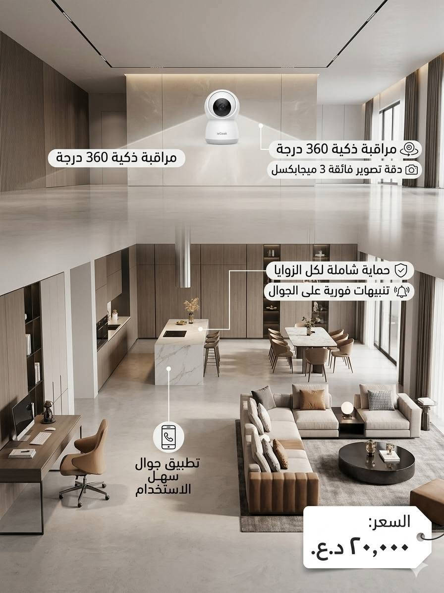 كامرة ذكية التحكم عن بعد 45 الف يوجد توصيل جميع أنحاء العراق***********

نص مكتوب في الصور:
- مراقبة ذكية 360 درجة مراقبة ذكية 360 درجة دقة تصوير فائقة 3 ميجابكسل حماية شاملة لكل الزوايا تنبيهات فورية على الجوال تطبيق جوال سهل الاستخدام السعر: ٢٠,٠٠٠ د.ع.