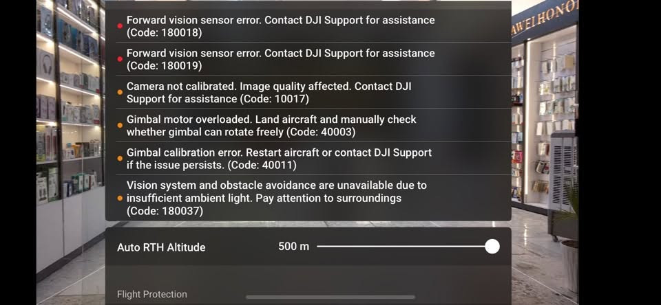 Dji air 2
کامل ئەشیا موشتەری پەیوەندی بکە لە واتساپ
نرخ ٥٠٠ هەزار قفل بی مەعامەلە 
***********

نص مكتوب في الصور:
- Forward vision sensor error. Contact DJI Support for assistance (Code: 180018)
- Forward vision sensor error. Contact DJI Support for assistance (Code: 180019)
- Camera not calibrated. Image quality affected. Contact DJI Support for assistance (Code: 10017)
- Gimbal motor overloaded. Land aircraft and manually check whether gimbal can rotate freely (Code: 40003)
- Gimbal calibration error. Restart aircraft or contact DJI Support if the issue persists. (Code: 40011)
- Vision system and obstacle avoidance are unavailable due to insufficient ambient light. Pay attention to surroundings (Code: 180037)
- Auto RTH Altitude 500 m
- Flight Protection