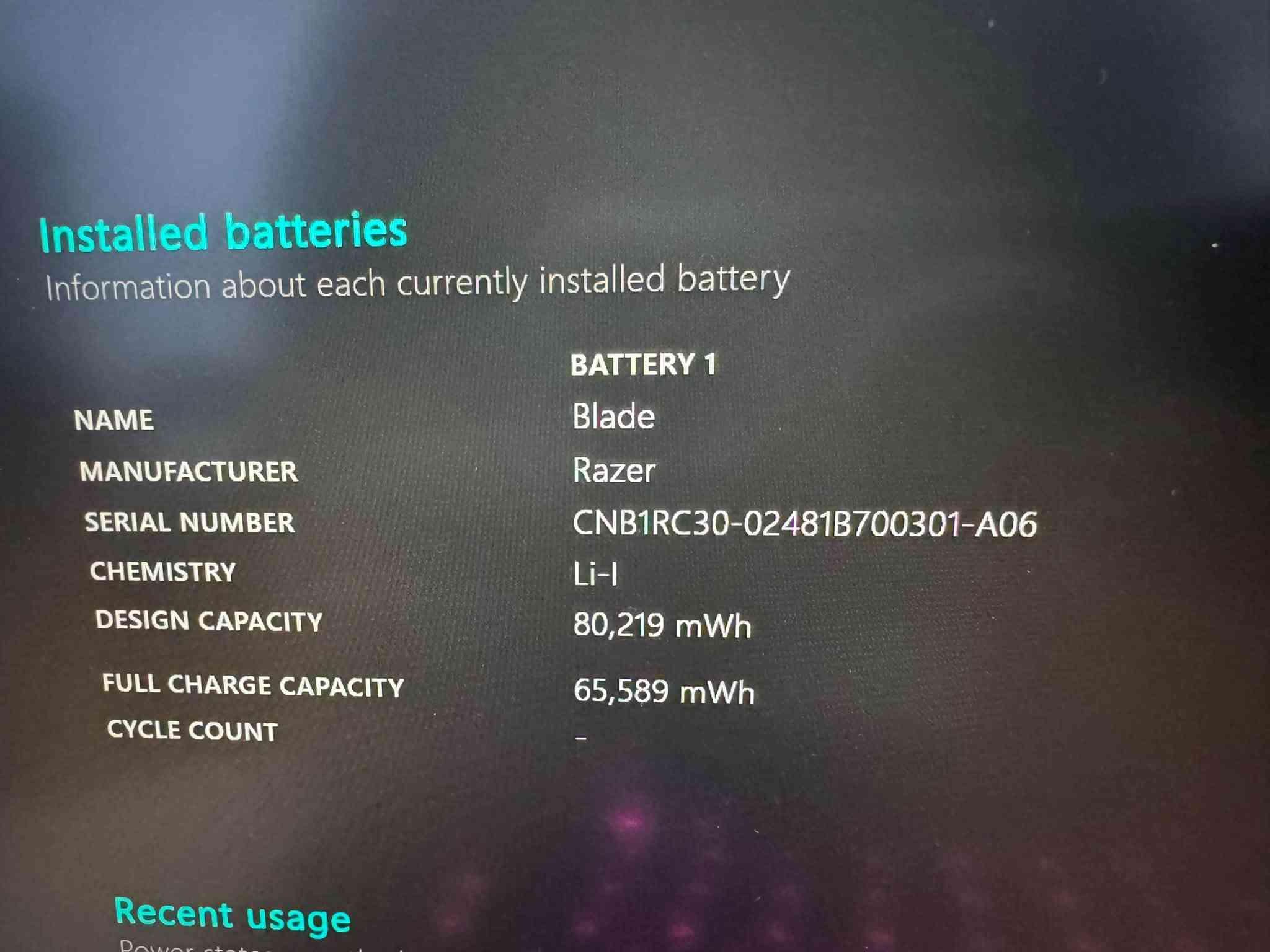RAZER BLADE 15
السعر   1,250,000 
المواصفات
المعالج
Intel Core i7-11800H
الرام
16GB DDR4
التخزين
1TB NVMe M.2
كارت الشاشة
 RTX 3070 8GB  95W
الشاشة
2K 15.6 165Hz

نص مكتوب في الصور:
- Installed batteries
- Information about each currently installed battery
- BATTERY 1
- NAME
- Blade
- MANUFACTURER
- Razer
- SERIAL NUMBER
- CNB1RC30-02481B700301-A06
- CHEMISTRY
- Li-I
- DESIGN CAPACITY
- 80,219 mWh
- FULL CHARGE CAPACITY
- 65,589 mWh
- CYCLE COUNT
- Recent usage