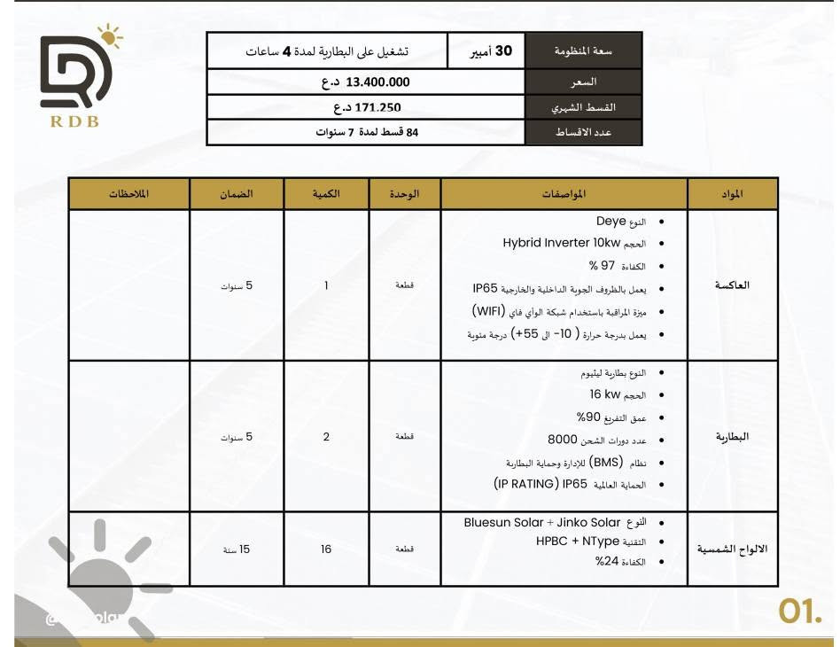 #الطاقة_الشمسية
#اقساط 
🔥حلم الطاقة الشمسية صار أسهل 🔥
مكتب الحويش 
 أمتلك منظومة الطاقة الشمسية اليوم 
وسدد بأقساط مريحة تصل الى 7 سنوات 
ضمن مبادرة البنك المركزي

 الواح شمسية عالية الكفاءة
 انفيرترات حديثة
 بطاريات لتخزين الطاقة
 تنصيب احترافي كامل
 ضمان حقيقي وخدمة ما بعد البيع
 امتلك منظومتك اليوم… وادفع على راحتك 
☀️ طاقة اقوى … وراحة اكثر 
مكتب الحويش للطاقة الشمسية وكامرات المراقبة 
نعمل في جميع محافظات العراق 
ديالى /الحويش -مجاور صيدلية حسن 
*********** م.علي

نص مكتوب في الصور:
- RDB
- سعة المنظومة 12 أمبير
- تشغيل على البطارية لمدة 4 ساعات
- السعر 6.470.000 د.ع
- القسط الشهري 82.750 د.ع
- عدد الاقساط 84 قسط لمدة 7 سنوات
- المواد المواصفات الوحدة الكمية الضمان الملاحظات
- العاكسة
- النوع Deye
- الحجم Hybrid Inverter 6kw
- الكفاءة 97 %
- يعمل بالظروف الجوية الداخلية والخارجية IP65
- ميزة المراقبة باستخدام شبكة الواي فاي (WIFI)
- يعمل بدرجة حرارة ( 10- الى +55) درجة مئوية
- قطعة
- 1
- 5 سنوات
- البطارية
- النوع بطارية ليثيوم RDB + TOPAK
- الحجم 14.3 kW
- عمق التفريغ 90%
- عدد دورات الشحن 8000
- نظام (BMS) للإدارة وحماية البطارية
- الحماية العالمية IP65 (IP RATING)
- الالواح الشمسية
- النوع Bluesun Solar + Jinko Solar
- التقنية HPBC + NType
- الكفاءة 24%
- 6
- 15 سنة
- 16 أمبير
- سعة المنظومة
- 7.319.000 د.ع
- السعر
- 93.750 د.ع
- القسط الشهري
- 84 قسط لمدة 7 سنوات
- عدد الاقساط
- الملاحظات
- الضمان
- الكمية
- الوحدة
- المواصفات
- المواد
- يعمل بدرجة حرارة ( 10- الى 55+) درجة مئوية
- النوع بطارية ليثيوم
- الحجم 16 kw
- 8
- 01.
- R D B تشغيل على البطارية لمدة 4 ساعات 20 أمبير سعة المنظومة السعر 9.581.000 د.ع القسط الشهري 122.500 د.ع عدد الاقساط 84 قسط لمدة 7 سنوات المواد المواصفات الوحدة الكمية الضمان الملاحظات العاكسة النوع Deye الحجم Hybrid Inverter 8kw الكفاءة 97% يعمل بالظروف الجوية الداخلية والخارجية IP65 ميزة المراقبة باستخدام شبكة الواي فاي (WIFI) يعمل بدرجة حرارة (-10- الى 55+) درجة مئوية قطعة 1 5 سنوات البطارية النوع بطارية ليثيوم TOPAK + RDB الحجم 10kw عمق التفريغ 90% عدد دورات الشحن 8000 نظام (BMS) للإدارة وحماية البطارية الحماية العالمية IP65 (IP RATING) قطعة 2 5 سنوات الالواح الشمسية النوع Jinko Solar + Bluesun Solar التقنية NType + HPBC الكفاءة 24% قطعة 10 15 سنة
- RDB سعة المنظومة 30 أمبير تشغيل على البطارية لمدة 4 ساعات السعر 13.400.000 د.ع القسط الشهري 171.250 د.ع عدد الاقساط 84 قسط لمدة 7 سنوات المواد المواصفات الوحدة الكمية الضمان الملاحظات العاكسة النوع Deye الحجم Hybrid Inverter 10kw الكفاءة 97 % يعمل بالظروف الجوية الداخلية والخارجية IP65 ميزة المراقبة باستخدام شبكة الواي فاي (WIFI) يعمل بدرجة حرارة ( 10- الى 55+) درجة مئوية قطعة 1 5 سنوات البطارية النوع بطارية ليثيوم الحجم 16 kw عمق التفريغ 90% عدد دورات الشحن 8000 نظام (BMS) للإدارة وحماية البطارية الحماية العالمية IP65 (IP RATING) قطعة 2 5 سنوات الالواح الشمسية النوع Bluesun Solar + Jinko Solar التقنية HPBC + NType الكفاءة 24% قطعة 16 15 سنة 01.
- RDB سعة المنظومة 40 أمبير تشغيل على البطارية لمدة 4 ساعات السعر 17.316.000 د.ع القسط الشهري 221.250 د.ع عدد الاقساط 84 قسط لمدة 7 سنوات المواد المواصفات الوحدة الكمية الضمان الملاحظات العاكسة النوع Deye الحجم Hybrid Inverter 12kw الكفاءة 97% يعمل بالظروف الجوية الداخلية والخارجية IP65 ميزة المراقبة باستخدام شبكة الواي فاي (WIFI) يعمل بدرجة حرارة (10- الى 55+) درجة مئوية قطعة 1 5 سنوات البطارية النوع بطارية ليثيوم RDB + TOPAK الحجم 14.3 kW عمق التفريغ 90% عدد دورات الشحن 8000 نظام (BMS) للإدارة وحماية البطارية الحماية العالمية (IP RATING) IP65 قطعة 3 5 سنوات الالواح الشمسية النوع Bluesun Solar + Jinko Solar التقنية HPPC + NType الكفاءة 24% قطعة 20 15 سنة 01.
- RDB سعة المنظومة 50 أمبير تشغيل على البطارية لمدة 4 ساعات السعر 21.659.000 د.ع القسط الشهري 276.750 د.ع عدد الاقساط 84 قسط لمدة 7 سنوات المواد المواصفات الوحدة الكمية الضمان الملاحظات العاكسة النوع Deye الحجم Hybrid Inverter 16kw الكفاءة 97 % يعمل بالظروف الجوية الداخلية والخارجية IP65 ميزة المراقبة باستخدام شبكة الواي فاي (WIFI) يعمل بدرجة حرارة ( 10- الى 55+ ) درجة موية قطعة 1 5 سنوات البطارية النوع بطارية ليثيوم RDB + TOPAK الحجم 14.3 kW عمق التفريغ 90% عدد دورات الشحن 8000 نظام (BMS) للإدارة وحماية البطارية الحماية العالمية (IP RATING) IP65 قطعة 4 5 سنوات الالواح الشمسية النوع Bluesun Solar + Jinko Solar التقنية HPBC + NType الكفاءة 24% قطعة 24 15 سنة
- R D B تشغيل على البطارية لمدة 4 ساعات 60 أمبير سعة المنظومة 27.610.000 د.ع السعر 353.000 د.ع القسط الشهري 84 قسط لمدة 7 سنوات عدد الاقساط الملاحظات الضمان الكمية الوحدة المواصفات المواد العاكسة النوع Deye الحجم Hybrid Inverter 10kw الكفاءة 97 % يعمل بالظروف الجوية الداخلية والخارجية IP65 ميزة المراقبة باستخدام شبكة الواي فاي (WIFI) يعمل بدرجة حرارة (10- الى 55+) درجة مئوية قطعة 2 5 سنوات البطارية النوع بطارية ليثيوم RDB + TOPAK الحجم 14.3 kw عمق التفريغ 90% عدد دورات الشحن 8000 نظام (BMS) للإدارة وحماية البطارية الحماية العالمية IP65 (IP RATING) قطعة 5 5 سنوات الالواح الشمسية النوع Bluesun Solar + Jinko Solar التقنية HPBC + NType الكفاءة 24% قطعة 32 15 سنة 01.
- RDB سعة المنظومة 70 أمبير تشغيل على البطارية لمدة 4 ساعات السعر 29.949.000 د.ع القسط الشهري 382.750 د.ع عدد الاقساط 84 قسط لمدة 7 سنوات المواد المواصفات الوحدة الكمية الضمان الملاحظات العاكسة النوع Deye الحجم Hybrid Inverter 10kw الكفاءة 97% يعمل بالظروف الجوية الداخلية والخارجية IP65 ميزة المراقبة باستخدام شبكة الواي فاي (WIFI) يعمل بدرجة حرارة (10- الى 55+) درجة موية قطعة 2 5 سنوات البطارية النوع بطارية لثيوم الحجم 16kw عمق التفريغ 90% عدد دورات الشحن 8000 نظام (BMS) للإدارة وحماية البطارية الحماية العالمية (IP RATING) IP65 قطعة 5 5 سنوات الالواح الشمسية النوع Bluesun Solar + Jinko Solar التقنية HPBC + NType الكفاءة 24% قطعة 36 15 سنة 01.
- إجراءات التقديم على منظومة الطاقة الشمسية
- 1. يقوم الزبون بالحضور الى مقر الشركة واختيارة المنظومة المناسبة
- 2. توقيع عقد بين الشركة والزبون
- 3. فاتورة عرض سعر
- 4. التوجة الى المصرف وفتح حساب وايداع مبلغ ٣٥٠,٠٠٠ مع كافة المستمسكات
- 5. سحب استمارة من المصرف ويتوجة الزبون الى دائرة والاستحصال كتاب استمرارية الخدمة مع الباركود
- 6. البصمة القانونية في المصرف من بعدها تقوم الشركة باكمال باقي الاجراءات
- 03.