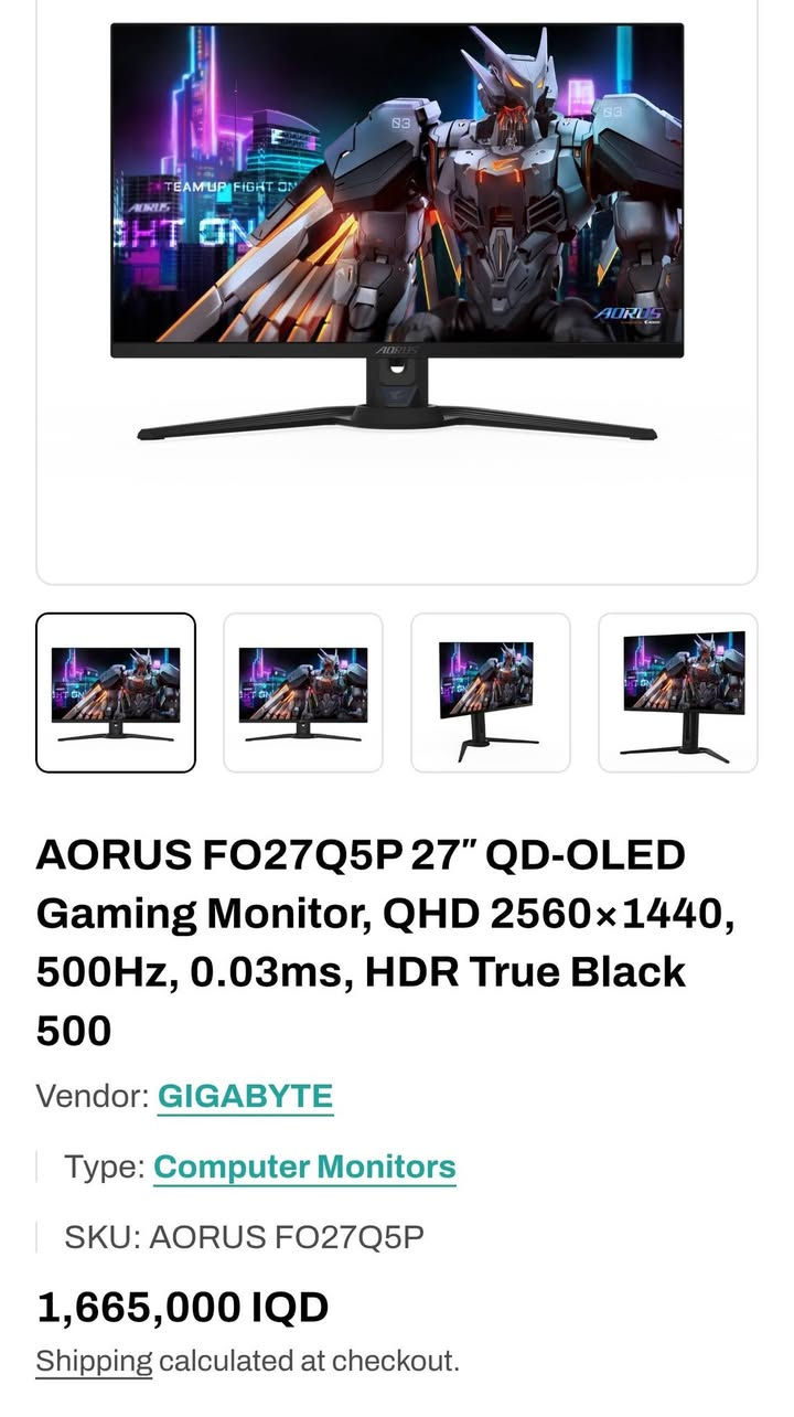قطع جديد و مستخدم للبيع 
.....................................................................................
#كرت شاشه 
Gigabyte RTX 5070 TI gaming oc 
سمك الراديتر مالته 70mm ملي متر
كرت جديد بلزكة الضمان
السعر: 1٫850٫000 IQD (مليون و 850 الف دينار عراقي)

....................................................................................
#شاشة اولد 
🖥️: Gigabyte Aorus FO27Q5P 
المواصفات:
× Oled 
الدقة: 2K
الحجم: 27"
نوع البنل : QD-Oled
نوع الانحناء: Flat ( مسطحة)
السطوع : 1000nit بوضع HDR
معدل تحديث الشاشه: 500Hz حقيقي
مزايا: VRR, Anti-flicker, Ultra Clear, Oled care,و الكثير
#ملاحظة: الشاشه شبه جديده بعدهي بالضمان استخدام 200 ساعه فقط 
السعر: 1٫250٫000 IQD ( مليون و 250 الف دينار )
للي ما يعرف سعر الجديد 1٫665٫000IQD الوصل موجود

......................................................................................

#شاشة🖥️
🖥️: Monitor Computer Lenovo ThinkVision VTK19255
المواصفات:
الدقة: 2K
الحجم: 23.8"
نوع البنل: IPS
نوع الانحناء: Flat ( مسطحة)
معدل التحديث: 60Hz
الشاشة مستخدمة
السعر: 150٫000 IOD
......................................................................................
 #شاشة
🖥️: ZenScreen Portable monitor MB166B
ملاحظة: الشاشه من النوع المحمول
دقة الشاشة: Full HD
حجم الشاشة: 15.6"
نوع البنل: IPS Ultra Wide Viewing Angles
الشاشة مستخدمة استخدام خفيف
السعر: 75,000 IQD

.....................................................................................

#اكسبوكس

🎮: Xbox Series S, 500GB, مع يدة game sir المغناطيسيه
السعر: 450٫000 IQD ( 450 الف دينار عراقي )
.....................................................................................
#كومبو مايك و ستاند و مكسر
🎙️: SM7B mic 
المايك جديد

Microphone Stands: Zealsound YZ-39

الستاند جديد
🎛️🎚️ Mixser: V8 plus mobile & computer live sound card
 المكسر مستخدم
السعر: 150,000 IQD
.....................................................................................

#نانو ليف
🌈: Hexagonal Gaming LED Panel LT-01

عدد القطع: 20 قطعة 
مودات التحكم: ريموت و و كنترول بالكيبل و تطبيق و
60,000 الف لون و تفاعليه مع المسيقى
الحالة: جديد
السعر: 100٫000 IQD
عددهن 20 قطعة تشكل براحتك 
.....................................................................................

 #Galaxy Projector
☄️: بروجكتر كواكب و مجرات 
ملاحظة: جديد بس بدون كرتونته الاصليه لان جانت مفلشة، كلشي كامل من افلام و البروجكتر و الكيبل

السعر: 40٫000 IQD
.....................................................................................

#قفل سمارت جديد
🔒: قفل باب ذكي جديد
السعر: 40٫000 الف
.....................................................................................

#كرت وايفاي 6 و بلوتوث
Fenvi  wifi 6E wireless network adapter 
 السعر: 25,000 IQD
.....................................................................................

التواصل: ***********
