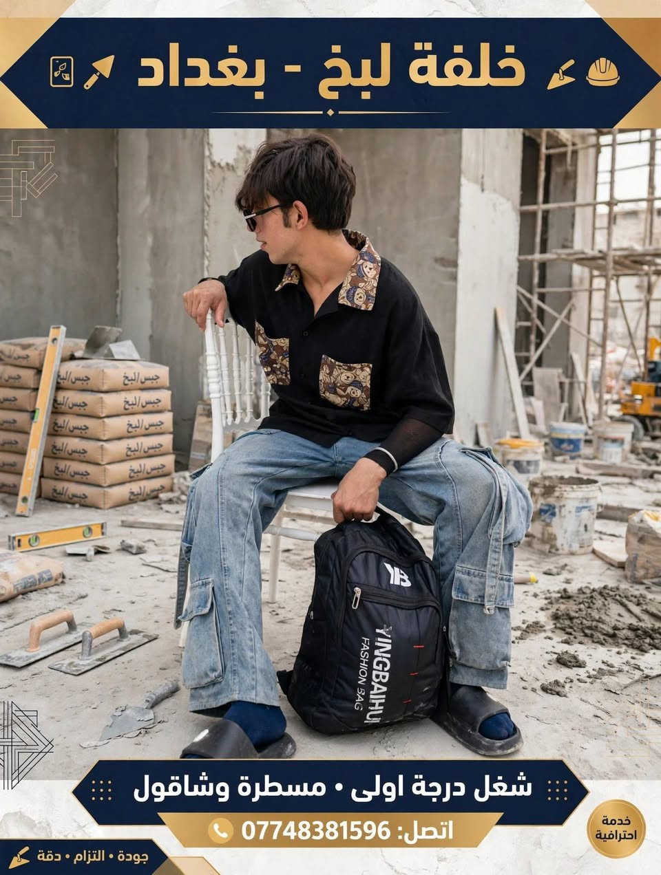 السلام عليكم معاكم خلفه لبخ وبياض

نص مكتوب في الصور:
- خلفة لبخ درجة اولى - بغداد حي النصر شغل مسطرة وشاقول - تسليم مهندس لبخ داخلي وخارجي - سقل وجص جودة عالية دقة والتزام تسليم وفق المواصفة للتواصل والاستفسار *********** متوفرون في بغداد - حي النصر • عمل احترافي مضمون
- خلفة لبخ - بغداد شغـل درجة اولى • مسطرة وشاقول اتصل: *********** خدمة احترافية جودة • التزام • دقة