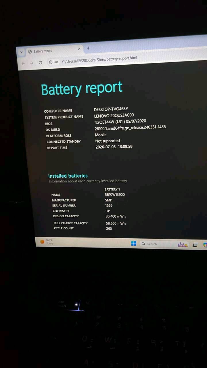 Lenovo ThinkPad P1 Gen 2 Workstation �
� جهاز احترافي مناسب للمونتاج، البرمجة، التصميم، الهندسة، والأعمال الثقيلة.

المواصفات:

✅ المعالج: Intel Xeon E-2276M (6 Cores / 12 Threads، يصل إلى 4.7GHz)
✅ كرت الشاشة: NVIDIA Quadro T2000 4GB
✅ الرام: 16GB DDR4
✅ التخزين: 512GB NVMe SSD
✅ شاشة: 15.6” Full HD
✅ نظام: Windows 11
✅ بطارية أصلية بصحة 76% تقريبًا (272 دورة شحن)
✅ هيكل ThinkPad المتين ولوحة مفاتيح مريحة جدًا.

✨ يدعم الترقية حتى 64GB RAM، ويمكن إضافة قرص NVMe إضافي حسب الإصدار.