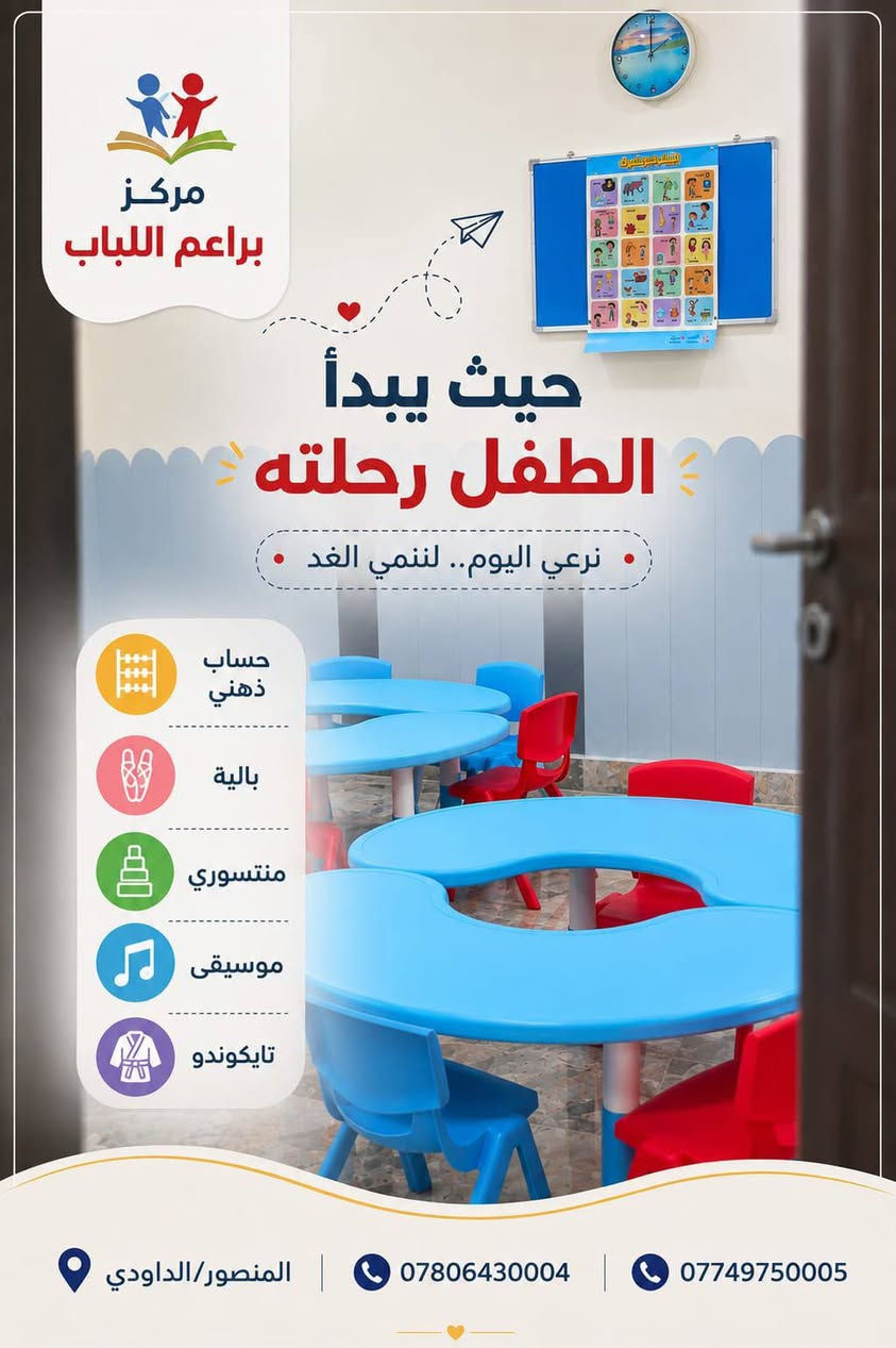 يسر مركز براعم اللباب لتنمية مهارات الاطفال
أن يعلن عن الافتتاح واستقبال التسجيل للأعمار من ٣ - ٥ سنوات
يتميز مركزنا بأنه يتضمن برامج تعليمية وترفيهية
( منهج متكامل - موسيقى - باليه - تايكوندو - حساب ذهني - مهارات منتسوري )
* يسعدنا استقبالكم بكل حب العنوان :- المنصور الداوودي بالقرب من ثانوية ومعهد اللباب للبنات 
للتواصل والاستفسار مراسلة الصفحة
او الاتصال على الأرقام التالية :-
*********** -***********
