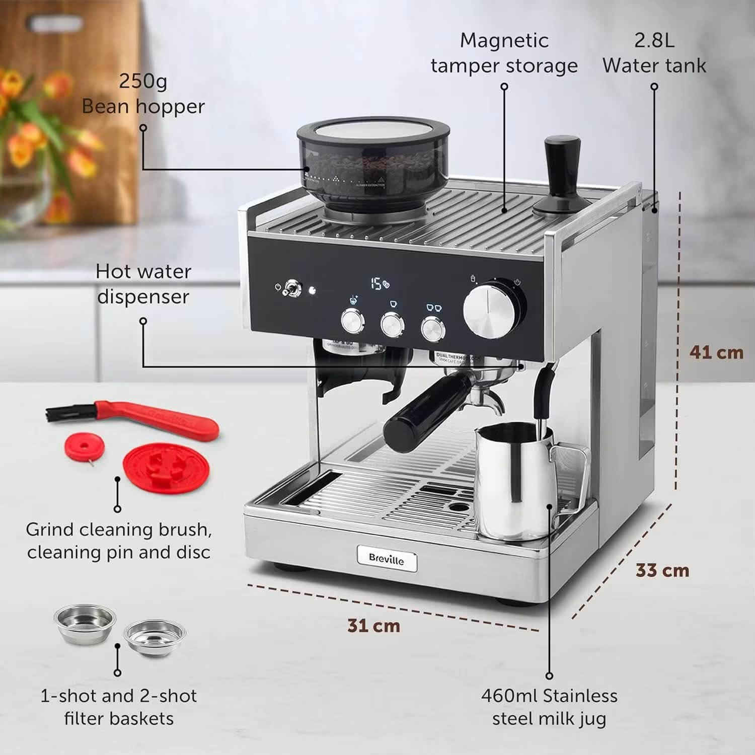 اخير قطعه بقت نضافه 99
جهاز **Breville Barista Signature (الموديل: VCF160)** يأتي بمواصفات تقنية متقدمة تمنحك تحكماً كاملاً وعالياً في تفاصيل الاستخلاص. إليك جدول المواصفات الدقيقة والشاملة لهذا الجهاز:
### المواصفات التقنية الأساسية
| الميزة | المواصفات الدقيقة |
|---|---|
| **نظام التسخين** | **Dual Thermoblock (كتلة حرارية مزدوجة):** يتيح لك استخلاص الإسبريسو وتبخير الحليب في نفس الوقت دون انتظار. |
| **مجموعة الاستخلاص (Group Head)** | **بحجم 58 ملم:** تصميم مستوحى من الماكينات التجارية لضمان توزيع حراري متساوٍ واستخلاص كامل ومثالي. |
| **المضخة (Pump)** | مضخة إيطالية بقوة **15 بار** لإنتاج كريمة غنية وقوام متناسق. |
| **التحكم الحراري** | نظام قابل للبرمجة لتعديل درجة حرارة ماء الاستخلاص بما يناسب نوع وحمصية البن. |
| **التحكم بالترطيب (Pre-infusion)** | إمكانية تعديل بروفايل الترطيب المسبق (Pre-infusion profile) للتحكم في رطوبة كعكة البن قبل الضغط الكامل. |
| **القدرة الكهربائية (Power)** | **2350 واط** (تسخين سريع جداً وكفاءة استقرار حراري عالية). |
| **سعة خزان الماء** | سعة ضخمة تصل إلى **2.8 لتر**، قابلة للإزالة أو التعبئة من الأعلى. |
### المطحنة المدمجة ونظام الجرعات
 * **التحكم بالجرعة (Intelligent Grind & Dosage):** نظام ذكي يعطي قراءة وملاحظات لضبط كمية القهوة المطحونة بدقة للسينجل والدبل شوت.
 * **درجات الطحن:** تحتوي على **30 درجة طحن** مختلفة لتعديل النعومة والخشونة بدقة.
 * **تقنية مضادة للكهرباء الساكنة (Anti-Static):** تمنع تطاير وتناثر رذاذ البن المطحون، مما يحافظ على نظافة مساحة العمل.
 * **سعة هوبر البن:** يتسع لـ **250 غرام** من حبوب البن كاملة.
### الواجهة والتحكم والميزات الإضافية
 * **شاشة LED مدمجة:** تعرض **مؤقت الاستخلاص (Extraction Timer)** بالوقت الحقيقي، وهو أمر أساسي لمراقبة وقت نزول الشوت وضبط الوصفة بدقة.
 * **عصا التبخير (Steam Wand):** تقنية *Cool Touch* (باردة عند اللمس لحمايتك من الحروق)، تنتج بخاراً جافاً ومثالياً لتحضير الفوم الناعم (Microfoam) المناسب جداً للرسم (Latte Art).
 * **موزع ماء حار مدمج:** مخصص لتطويل الشوت (تحضير الأمريكانو) أو لتسخين الأكواب.
 * **البرامج الذكية:**
   * شوت مفرد (Single Shot).
   * شوت مزدوج (Double Shot).
   * تحكم يدوي بالكامل (Manual Shot).
   * برنامج تنظيف تلقائي (Auto Clean Program) مع مؤشر للتنبيه عند الحاجة لإزالة الترسبات (Descaling).
### الأبعاد والوزن والهيكل
 * **مادة الصنع الخارجية:** ستانلس ستيل بالكامل (Stainless Steel) مع لمسات باللون الأسود.
 * **الأبعاد:** الارتفاع 41.5 سم × العرض 31 سم × العمق 33 سم.
 * **الوزن:** حوالي **11.2 كغم** (وزن ممتاز يمنح الماكينة ثباتاً كبيراً أثناء كبس القهوة وقفل البورتfilter).
### الملحقات القادمة في العلبة:
 1. بورتfilter مقاس 58 ملم.

ملاحضه النضافه 99 بلا كارتون السعر خاص
مع بورتا فلتر مكشوف 
مع عده كامله اصليه تباع مع الجهاز تامبر مفكك موزع رنك وقاعده 

***********
