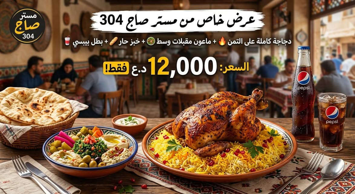 محتار شنو تطلب؟ مطعم مستر صاج يحلّها لك! 🍕🍔🍗
.توفر دجاج شوي كاملة مع مقبلات مه بطل ببسي مع خبز توصللك للباب للبيت..

لخدمة التوصيل  
***********
***********
