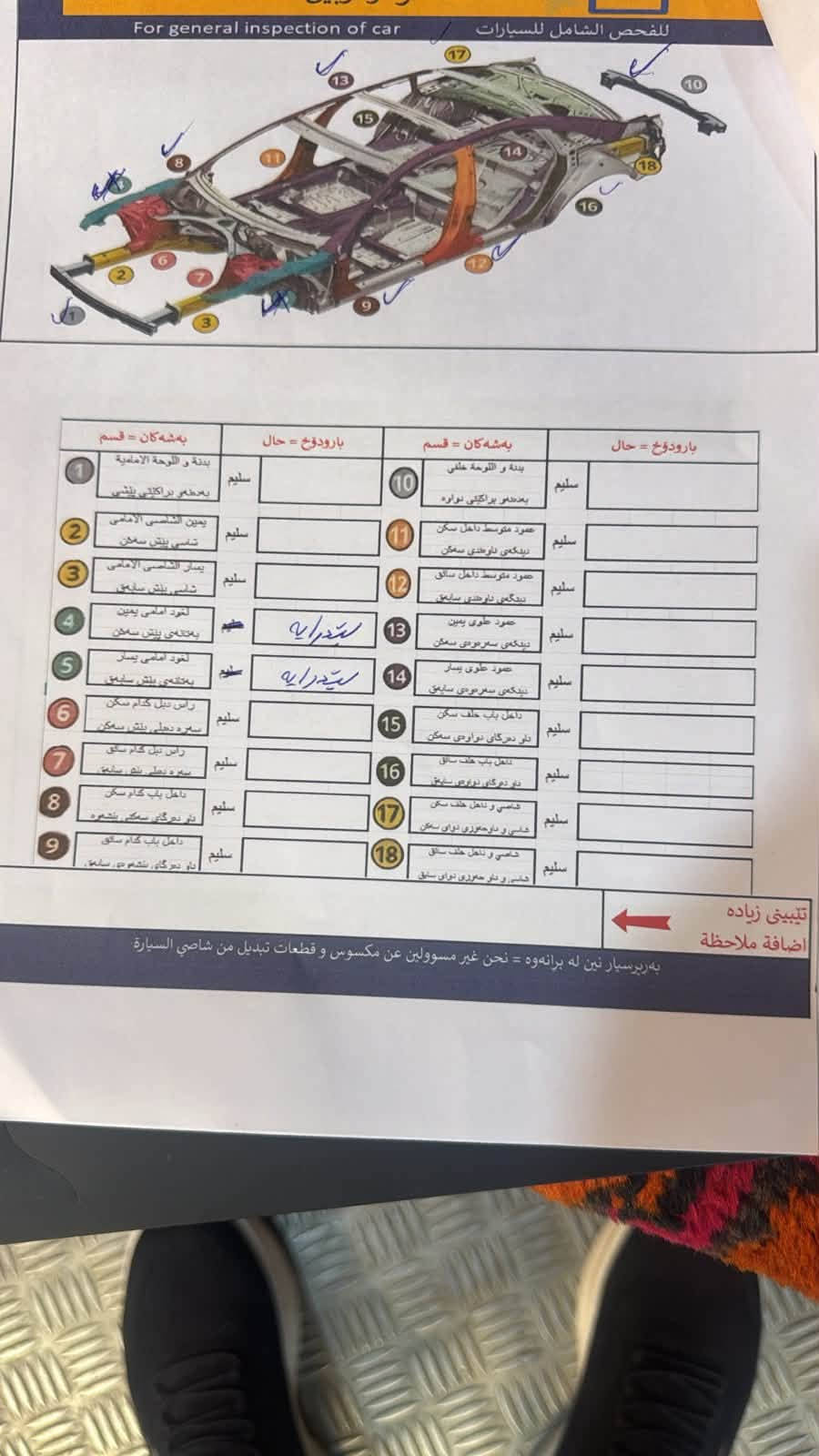 جيب رنكد موديل 18 لون احمر محرك 2400  رقم انكليزي اربيل حادثها بونيد صبغ ونص جاملغ  بدون ايرباك وبدون دواخل  فقط السعر 105و بيها مجال 
***********

نص مكتوب في الصور:
- SONAR ERBIL سونار اربيل For general inspection of car للفحص الشامل للسيارات ئه‌م په‌ش‌كينه بوماوه‌ى ٢٤ كاتژمير به‌رپسياريه‌تى هه‌يه - هذا فحص مسول عن يوم واحد Name, اسم عادل عمارى مكى Phone, رقم تلفون Car name, اسم سياره JEEP Car model, موديل س ٢٠١٨ Car license, رقم سياره 22 J 57525 Front car image سوره امامى سياره In computer report if have FOR OUR CENTER Depend on customer Type chek, نوع فحص DATA, تاريخ 8/18/2026 Time, وقت 8/18/2026 19:55 Camera 08 22-J 57525 24 سونار اربيل لفحص جميع انواع السيارات بالتجهيز الفدائي موقع توقيع و ختم الشريكه location of signature & seal موبايل *********** عنوان اربيل شارع معرض مقابل معرض فردوس - دبي 2 به رپرسيار نين له برانه وه و PPF و قنج و قوپ و جيفنه و شتی به‌رچاو ته که‌ره‌كان و عه دادی و ميكانيكي نحن ليس مسؤولين عن مكسوس و PPF و ضرب طيور و رسعة و عدادي و تكرات و ميكانيكات
- SONAR ERBIL سونار اربيل For general inspection of car للفحص الشامل للسيارات ئه‌م په‌شگینینه بوماوه‌ی ٢٤ کاتژمیر به‌رپرساریه‌تی هه‌یه - هِذا فحص مسؤول عن يوم واحد Name, اسم عادل صادق مشکی Vin, رقم خاصی, In computer report if have FOR OUR CENTER Phone, رقم تليفون, Cash & ID ,فلوس Depend on customer Car name, اسم سياره, JEEP Type chek, نوع فحص Car model ,مدل س - ٢٠١٨ - DATA ,تاريخ 8/18/2026 Car license,رقم سياره 22 J 57525 Time ,وقت 8/18/2026 19:55 Front car image سوره امامی سياره Camera 08 موقع توقيع و ختم الشريکه location of signature & seal سونار اربيل لفحص جميع انواع السيارات بالتجهيز الفحاني 24 عنوان اربيل شارع معرض مقابل معرض فردوس - دبي 2 موبايل *********** به‌رپرسار تین له برانه‌وه و PPF و قنج و قۆپ و جيفنه و شتی به‌رچاو تەکهره‌کان و عه‌دادی و ميكانيكي نحن ليس مسؤولين عن مكسوس و PPF و ضرب طيور و رسعة و عدادي و تكرات و ميكانيكات