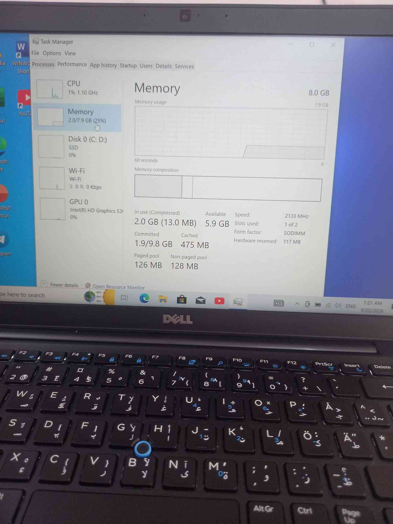 لابتوب دل 7480 dell
المعالج كور اي 5 الجيل 6
الهارد    256 ssd 
الرام 8.  ddr4 
كارت الشاشة  4  شير 
حجم الشاشة  14 
الشاحنة اصلية 
يحتوي على منفذ تايب سي للشحن او نقل البيانات
نظام التشغيل ويندوز 10 عربي انكليزي 
الملحقات شاحنة وجنطة 
السعر  190
***********
***********
يوجد توصيل

متوفر 
تتوفر مجموعة لابتوبات بأسعار مناسبة ومواصفات

نص مكتوب في الصور:
- About Your PC is monitored and protected. See details in Windows Security Device specifications Device name DESKTOP-T5RT2CS Processor Intel(R) Core(TM) i5-6300U CPU @ 2.40GHz 2.50 GHz Installed RAM 8.00 GB (7.89 GB usable) Device ID 1D609802-1144-414D-BE41-87BAACCF46AB Product ID 00330-51182-94916-AAOEM System type 64-bit operating system, x64-based processor Pen and touch No pen or touch input is available for this display Copy Rename this PC
- Task Manager File Options View Processes Performance App history Startup Users Details Services Short CPU 1% 1.24 GHz Memory 2.0/7.9 GB (25%) Disk 0 (C: D:) SSD 1% Wi-Fi Wi-Fi S: 0 R: 0 Kbps GPU 0 Intel(R) HD Graphics 520 0% CPU Intel(R) Core(TM) i5-6300U CPU @ 2.40GHz % Utilization 100% 60 seconds 0 Utilization 1% Speed 1.24 GHz Base speed: 2.50 GHz Sockets: 1 Cores: 2 Processes 154 Threads 1511 Handles 53742 Logical processors: 4 Virtualization: Enabled Up time L1 cache: 128 KB 0:00:52:44 L2 cache: 512 KB L3 cache: 3.0 MB Fewer details Open Resource Monitor ENG
- Task Manager File Options View Processes Performance App history Startup Users Details Services CPU 3% 1.13 GHz Memory 2.0/7.9 GB (25%) Disk 0 (C: D:) SSD 2% Wi-Fi Wi-Fi S: 8.0 R: 88.0 Kbps GPU 0 Intel(R) HD Graphics 520 0% Disk 0 (C: D:) SAMSUNG MZVLW256HEHP-000L7 Active time 100% 60 seconds Disk transfer rate 0 100 KB/s 60 seconds 0 Active time 2% Average response time 5.1 ms Read speed 36.2 KB/s Write speed 185 KB/s Capacity: 239 GB Formatted: 239 GB System disk: Yes Page file: Yes Type: SSD Fewer details Open Resource Monitor here to search ENG 1:21 AM 9/22/2026
- Task Manager File Options View Processes Performance App history Startup Users Details Services GPU Intel(R) HD Graphics 520 CPU 1% 0.93 GHz Memory 2.0/7.9 GB (25%) Disk 0 (C: D:) SSD 0% Wi-Fi Wi-Fi S: 0 R: 0 Kbps GPU 0 Intel(R) HD Graphics 52 1% 3D 1% Copy 0% Video Decode 0% Video Processing 0% Shared GPU memory usage 3.9 GB Utilization 1% GPU Memory 0.1/3.9 GB Shared GPU memory 0.1/3.9 GB Driver version: 30.0.101.1338 Driver date: 1/20/2022 DirectX version: 12 (FL 12.1) Physical location: PCI bus 0, d... Fewer details Open Resource Monitor Type here to search 1:22 AM 9/22/2026