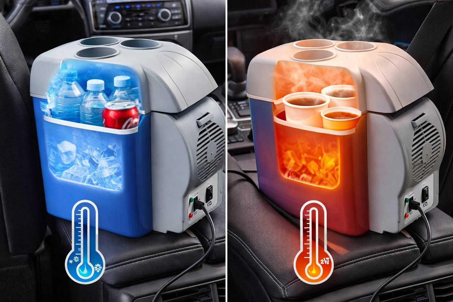 ثلاجة سيارة محمولة 7.5 لتر للتبريد والتسخين – Portable Electronic Car Refrigerator

ثلاجة سيارة إلكترونية محمولة بسعة 7.5 لتر مصممة للاستخدام أثناء السفر والرحلات، تعمل عبر مقبس ولاعة السيارة DC 12V وتوفر وظيفتين: تبريد المشروبات أو تسخين الطعام حسب الحاجة.

• وظيفة تبريد وتسخين
يمكن تشغيلها على وضع COLD للتبريد أو HOT للتسخين عبر المفتاح المخصص.

• تعمل على كهرباء السيارة 12V
يتم توصيلها مباشرة بمقبس ولاعة السيارة باستخدام القابس المرفق.

• مؤشرات ضوئية للحالة
يظهر ضوء أخضر عند التبريد وضوء أحمر عند التسخين لمعرفة وضع التشغيل.

• تصميم محمول وخفيف
خفيف الوزن وسهل الحمل ومناسب للاستخدام أثناء السفر والتنقل.

• استخدامات متعددة أثناء الرحلات
مناسب للرحلات، التخييم، السفر بالسيارة، لسائقي التاكسي، الصيد، وحفظ بعض المنتجات مثل المشروبات أو الحليب أو مستحضرات التجميل.

• تقنية تبريد شبه موصل (Semiconductor)
مذكور في الدليل أنه يعمل بتقنية أشباه الموصلات بدون ضاغط أو غاز تبريد.

• نوع المنتج: ثلاجة سيارة إلكترونية محمولة
• السعة: 7.5 لتر
• الوظائف: تبريد / تسخين
• مصدر الطاقة: DC 12V
• طريقة التشغيل: مقبس ولاعة السيارة
• مؤشرات التشغيل:
 • ضوء أخضر للتبريد
 • ضوء أحمر للتسخين
• تقنية التشغيل: Semiconductor (بدون كمبروسر)
• الاستخدام: داخل السيارة أثناء التشغيل

محتويات العلبة:
• ثلاجة سيارة إلكترونية محمولة 7.5 لتر
• كابل طاقة مع قابس ولاعة السيارة (DC Plug)
• دليل الاستخدام (Manual)لسعر 35 ***********
@إشارة

نص مكتوب في الصور:
- COLD HOT