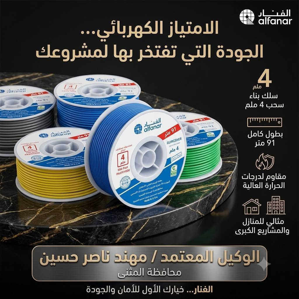💡 لا تساوم على أمان بيتك ومشاريعك... اختر "الفنار" الأصلي! 💡
​لأن الكهرباء عصب الحياة، وأمان عائلتك ومشروعك هو الأهم، نوفر لكم الآن أسلاك سحب الفنار الأصلية التي تجمع بين القوة، الأمان، والتحمل العالي لأقسى الظروف! ⚡🏗️
​✨ مميزات أسلاك الفنار التي نقدمها لكم:
🔹 القياسات المتوفرة: 1.5 ملم | 2.5 ملم | 4 ملم (لتلبية كافة احتياجات التأسيسات الكهربائية).
🔹 الطول الفعلي والمضمون: البكرة تأتي بطول 91 متر (100 ياردة) كاملة لتغطية مساحات أكبر وتوفير حقيقي.
🔹 أمان وتحمل مطلق: جودة نحاس عالية وعزل قوي يتحمل درجات الحرارة العالية والضغط المستمر.
🔹 الأداء المعتمد: الخيار الأول للمهندسين والكهربائيين في المنازل والمشاريع الكبرى.
​👑 متوفرة الآن وبكميات الجملة والمفرد وبضمان الوكيل المعتمد في محافظة المثنى:
👤 مهند ناصر حسين
​📍 العنوان:
السماوة - شارع الفنادق - مجاور مدرسة سومر الابتدائية.
​📞 للتواصل والطلب:
***********
​⏰ أوقات العمل:
نسعد باستقبالكم وتلبية طلباتكم يومياً من الساعة 8:00 صباحاً وحتى الساعة 10:00 ليلاً.
​👇 لا تترددوا بالاتصال بنا أو زيارتنا للحصول على الجودة التي تستحقونها!
​#الفنار #أسلاك_الفنار #كهرباء #تأسيسات_كهربائية #أمان #جودة #مشاريع #المثنى #السماوة #مهند_ناصر_حسين #أسلاك_سحب #مقاولات_العراق
