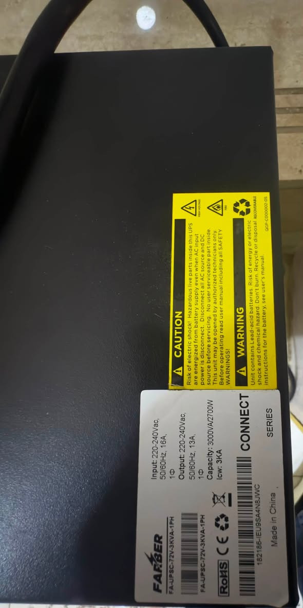 السلام عليكم 
UPS FAKSER 3KVA / 2700W للبيع
حالة ممتازة وشغال بصورة طبيعية واستخدام اقل الشهر.
🔹 الموديل: FA-UPS-C72V-3KVA-1PH
🔹 القدرة: 2700W
🔹 السعة: 3KVA
🔹 Input: 220–240V
🔹 Output: 220–240V

السعر: [520]وبي مجال
مكاني الأنبار -الرمادي-يوجد توصيل 🚚 .

للتواصل عبر الواتساب
***********

او الاتصال عبر الرقم

***********

