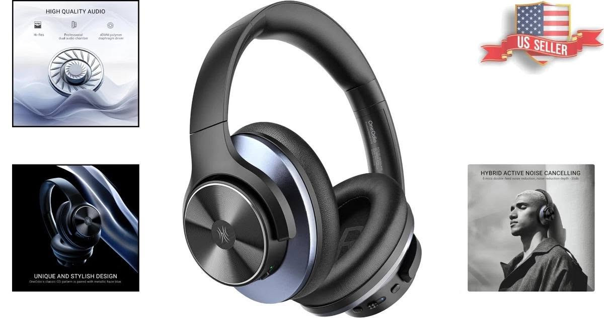 جديد

نص مكتوب في الصور:
- Best Seller US SELLER HYBRID ACTIVE NOISE CANCELLING HIGH QUALITY AUDIO Limited time deal
- GIFT LEVEL PACKAGING 1 x Protective box 1 x Noise canceling headphones 1 x Manual 1 x 3.5mm wire 1 x Type-C line
- UNIQUE AND STYLISH DESIGN
- OneOdio's classic CD pattern is paired with metallic haze blue.
- HIGH QUALITY AUDIO HI-Res Professional dual audio chamber 40MM polymer diaphragm driver US SELLER UNIQUE AND STYLISH DESIGN OneOdio's classic CD pattern is paired with metallic haze blue HYBRID ACTIVE NOISE CANCELLING 6 mics double-feed noise reduction, noise reduction depth -35db