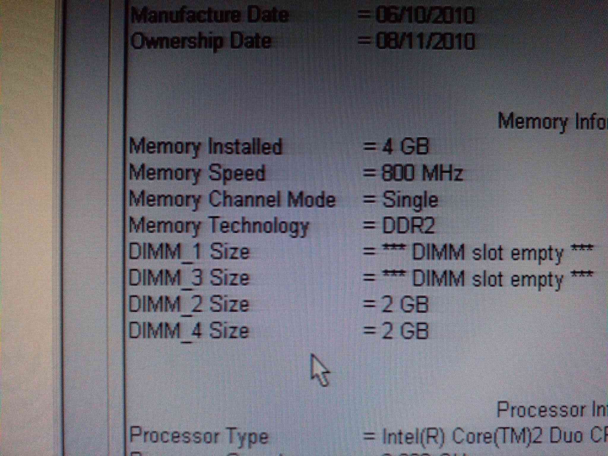 للبيع حاسبة مكتبية سستم DELL  تعمل بشكل ممتاز
شاشة HP  حجم  17
المعالج  انتل  core 2 duo
رام  4G
هارد  320G  HDD 
مشغل اقراص   DVD
ماوس
كيبورد ضوئي
مع كافة الكيبلات  
سعر   55  الف   لايوجد توصيل المكان بغداد شارع فلسطين    ***********

نص مكتوب في الصور:
- System Rating: System rating is not available Processor: Intel(R) Core(TM)2 Duo CPU E8400 @ 3.00GHz 2.99 GHz Installed memory (RAM): 4.00 GB System type: 64-bit Operating System, x64-based processor Pen and Touch: No Pen or Touch Input is available for this Display Computer name, domain, and workgroup settings Computer name: DELL960 Full computer name: DELL960 Computer description: Workgroup: WORKGROUP Windows activation Windows is activated View details in Windows Activation Product ID: 00178-70000-00011-AA011
- Memory Channel Mode = Single Memory Technology = DDR2 DIMM_1 Size = *** DIMM slot empty *** DIMM_3 Size = *** DIMM slot empty *** DIMM_2 Size = 2 GB DIMM_4 Size = 2 GB Processor Information Processor Type = Intel(R) Core(TM)2 Duo CPU E8400 @ 3.00GHz Processor Speed = 3.000 GHz Processor Bus Speed = 1.333 GHz Processor L2 Cache = 6 MB Processor Id = 1067A Microcode Version = A07 Multi Core Capable = Yes (Dual) SMT Capable = No 64-bit Technology = Yes (Intel EM64T) PCI Information SLOT1 = {Empty} SLOT2 = {Empty}
- Manufacture Date = 06/10/2010 Ownership Date = 08/11/2010 Memory Info Memory Installed = 4 GB Memory Speed = 800 MHz Memory Channel Mode = Single Memory Technology = DDR2 DIMM_1 Size = *** DIMM slot empty *** DIMM_3 Size = *** DIMM slot empty *** DIMM_2 Size = 2 GB DIMM_4 Size = 2 GB Processor Info Processor Type = Intel(R) Core(TM)2 Duo CP
- Disk 0 Basic 298.09 GB Online (C:) 63.71 GB NTFS Healthy (System, Boot, Page File, Active) New Volume (D:) 234.37 GB NTFS Healthy (Primary Partition) CD-ROM 0 DVD (E:) No Media Unallocated Primary partition