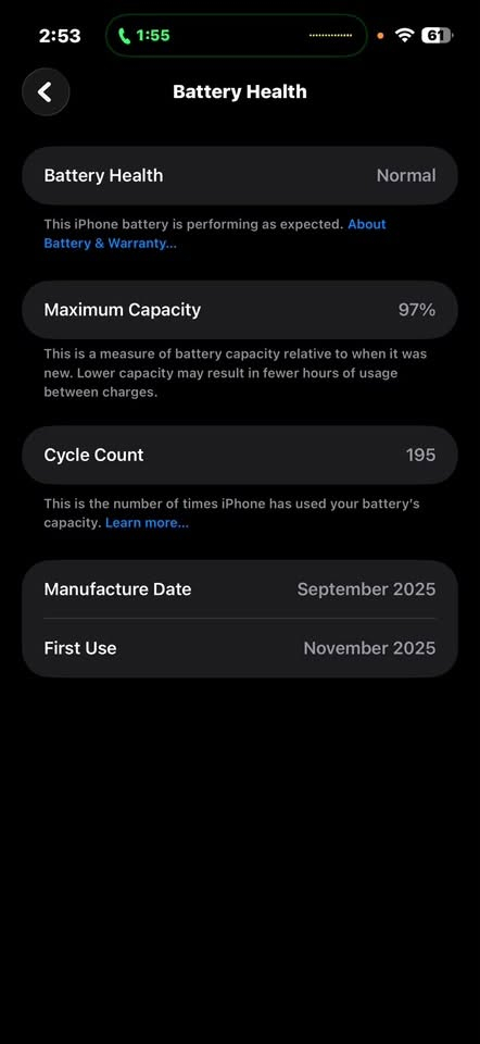 17 pro max 256
نظيف مابي ولاشخط 
ب1800 الف وبي مجال بسيط 
***********

نص مكتوب في الصور:
- 2:53 1:55 61 Battery Health Battery Health Normal This iPhone battery is performing as expected. About Battery & Warranty... Maximum Capacity 97% This is a measure of battery capacity relative to when it was new. Lower capacity may result in fewer hours of usage between charges. Cycle Count 195 This is the number of times iPhone has used your battery's capacity. Learn more... Manufacture Date September 2025 First Use November 2025