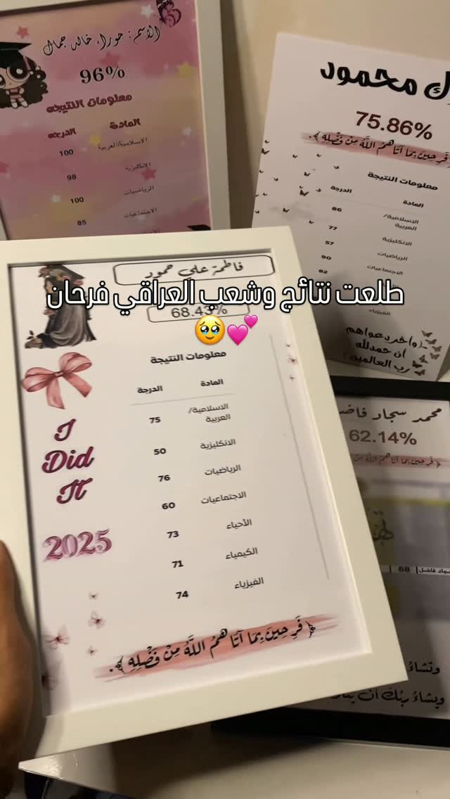 لوحات نتائج 💕💕.
.
.
.
.
.
.
#نتايج #سادس #دور_ثاني #سادسيون #سادسيون_ينتظرون_النتائج_حتى_يصيرون_جامعيون😉

نص مكتوب في الصور:
- فاطمة علي حمود 68.43% طلعت نتائج وشعب العراقي فرحان 🥺💖