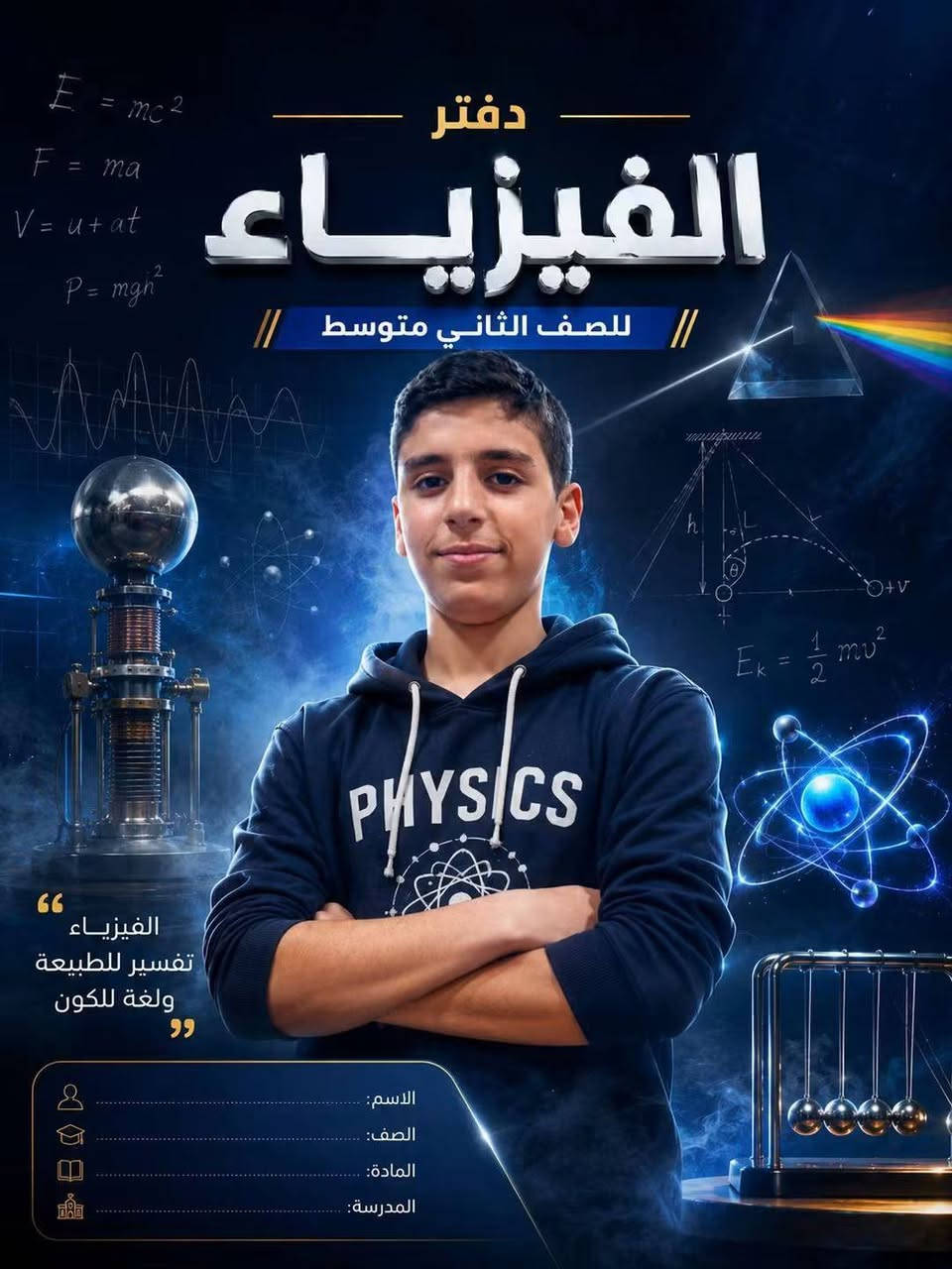 📚✨ غزل للطباعة ✨📚
لأن الدراسة تحتاج ترتيب وذوق، وفرنا لكم أجمل التصاميم المدرسية 💙
📝 دفاتر وأوراق مدرسية بتصاميم مميزة
🔬 تصاميم مواد العلوم والكيمياء
📒 أغلفة ودفاتر مرتبة للطلاب
🏫 تصاميم خاصة للمدارس والمعلمين
🎨 طباعة حسب الطلب وبالتصميم اللي تختاروه
🖨️ دقة بالطباعة وترتيب يليق بشغلكم
للطلبة والمعلمين والمدارس والأهالي ❤️
اختاروا التصميم… وخلّوا الطباعة علينا 🌟
📍 غزل للطباعة — لمسة جميلة لكل ورقة ودفتر

نص مكتوب في الصور:
- دفتر الكيمياء للصف الثاني متوسط الكيمياء هي لغة المادة وفهم أسرار الحياة اكتشف تجرب افهم ابتكر الكيمياء في كل شيء فهم المادة تفسير التفاعلات تطبيق في الحياة أساس المستقبل الاسم : الصف : المادة : المدرسة :
- دفتر الكيمياء للصف الثاني متوسط الكيمياء هي لغة المادة وفهم أسرار الحياة الاسم : الصف : المادة : المدرسة : فهم تحليل تفاعل Na Cl -> Na+ + Cl- H2SO4 C2H5OH 2H2 + O2 -> 2H2O OH CH3
- E = mc^2 F = ma V = u + at P = mgh^2 دفتر الفيزياء // للصف الثاني متوسط // الفيزياء تفسير للطبيعة ولغة للكون الاسم: الصف: المادة: المدرسة:
- دفتر الكيمياء للصف الثاني متوسط H2SO4 NaCl -> Na+ + Cl- C2H5OH الكيمياء هي لغة المادة ومفتاح المستقبل OH 2H2 + O2 -> 2H2O 6 C Carbon 12.011 1 H Hydrogen 1.008 8 O Oxygen 15.999 ألاحظ أكتشف التفاعل أحلل أفهم المادة أربط أفكار اليوم بتطور الغد أبتكر لأصنع فرقًا في العالم الاسم : .............................................................. الصف : .............................................................. المادة : .............................................................. المدرسة : .............................................................
- دفتر الكيمياء // للصف الثاني متوسط // 2H2 + O2 -> 2H2O C2H5OH + 3O2 -> 2CO2 + 3H2O OH CH3 CH3 6 C Carbon 12.011 الكيمياء هي لغة المادة وفهم أسرار الحياة استكشف تجرب افهم ابكر الكيمياء في كل شيء أساس المستقبل تطبيق في الحياة تفسير التفاعلات فهم المادة الاسم : الصف : المادة : المدرسة :
- ENGLISH NOTEBOOK FOR 2nd INTERMEDIATE The limits of my language are the limits of my world. - Ludwig Wittgenstein