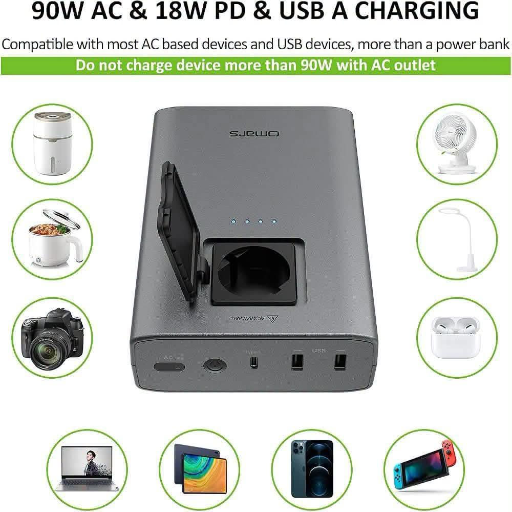 بور بنك ومخرج كهرباء الحجز خاص او واتساب ***********

نص مكتوب في الصور:
- 90W AC & 18W PD & USB A CHARGING Compatible with most AC based devices and USB devices, more than a power bank Do not charge device more than 90W with AC outlet
- VERSATILE POWER STATION LED Power Status Display AC Outlet 230V 50Hz 90W USB USB A Output 5V 4.2A 21W (2.4A Max Per Port) Type C Input/ Output Port PD 18W Power Button AC AC Output Button with LED Indicator Light
- 24000MAH 88.8WH HIGH CAPACITY
- Camera
- 15 times
- Tablets
- 1-2 times
- Smartphones
- 4-9 times
- USB light
- 20 hours
- Drone
- 1+ times
- Laptop 45W
- 1 time
- USB Trickle Charge Mode Small current output to charge devices lower than 100mA such as bluetooth headset box, smart watch. Long press the power button for 3 seconds to switch to the small current mode Other Devices Trickle output <100mA
- TAKE YOUR WHOLE OFFICE ON THE GO
- Charge 3 devices at the same time
- Charge iphone 12 up to 50%
- in 30 minutes
- AUTOMATIC SECURITY PROTECTION, NO HARM TO YOUR DEVICES Overcurrent Protection Short Circuit Protection Temperature Protection OverDischarge Protection