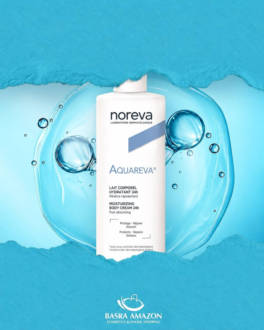 ⁨	ورا كل سحبة… خطوة أقرب لنعومة بشرتج 💧

اسحبي الصور واكتشفي أكواريفا من نوريفا، كريم ترطيب الجسم اللي يجمع بين الترطيب المكثّف والقوام الخفيف، حتى تعتنين ببشرتج براحة كل يوم. 🤍

✨ ترطيب يدوم حتى 24 ساعة.
✨ قوام حليبي سريع الامتصاص، بدون ملمس دهني أو لزج.
✨ يساعد على تنعيم البشرة الجافة والحفاظ على رطوبتها.
✨ يخفّف الإحساس بالشد الناتج عن الجفاف.

عناية بسيطة بس تفرق تضيفيها ليومج… ونعومة راح تحبينها على بشرتج.

💰 السعر: 35,000 د.ع
🧴 الحجم: 400 مل

📲 اطلبيه هسه من تطبيق بصرة أمازون.

🚚 توصيل سريع لكل محافظات العراق
• داخل البصرة: 3,000 د.ع
• باقي المحافظات: 5,000 د.ع

📞 للطلب والاستفسار:
***********
***********⁩

نص مكتوب في الصور:
- اسحبي واكتشفي السر الجديد لإشراقة بشرتك وثقتك BASRA AMAZON COSMETICS & ONLINE SHOPPING
- noreva LABORATORIO DERMATOLOGIQUE AQUAREVA LAIT CORPOREL HYDRATANT 24h Pénètre rapidement MOISTURIZING BODY CREAM 24h Fast absorbing BASRA AMAZON COSMETICS & ONLINE SHOPPING
- BASRA AMAZON COSMETICS & ONLINE SHOPPING