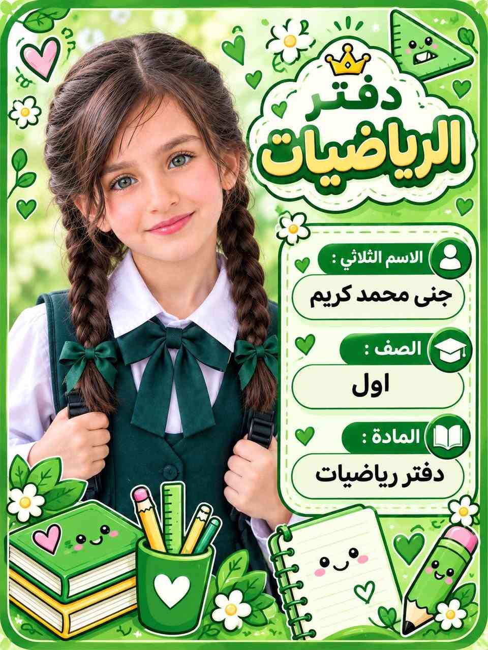 🎀لأن التفاصيل الصغيرة تصنع فرقًا… خلي كتاب أو دفتر بنتك أجمل بتصميم خاص ومميز ✨
مع إمكانية إضافة صورة بنتك، اسمها، صفها وشعبتها على الغلاف 📸🩷 وتنفيذ تصميم خاص بالكامل حسب رغبتكم وذوقكم 🌸🎨

💌 للطلب والاستفسار دايركت
ستوديو عمر الزين
 + واتساب  ( *********** )

معرف تيك توك  + أنستا     (oamr.1991@

نص مكتوب في الصور:
- العلم نور
- بالعلم نرتقي
- دفتر رياضيات
- الاسم ثلاثي :
- جود محمد كريم
- الصف :
- الثالث
- المادة :
- مستقبل مشرق
- أنت مميز
- دفتر الرياضيات
- الاسم الثلاثي :
- جنى محمد كريم
- اول
- دفتر اللغة العربية الاسم الثلاثي : جنى محمد كريم الصف : اول المادة : دفتر عربي بالعلم .. ترتقي
- دفتر عربي
- الأسم ثلاثي : جود محمد كريم
- الصف : الثالث
- المادة : دفتر عربي
- طموح
- نجاح
- أنت متميز
- 2+2=4
- الاسم ثلاثي : خطاب عمر محمد خليفه
- الصف : الثاني
- المادة : دفتر رياضيات