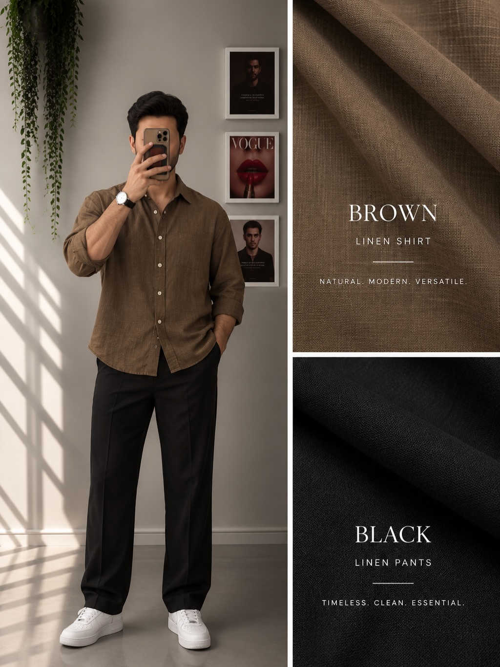 نساعدك تكون بكامل اناقتك✨

نص مكتوب في الصور:
- LIGHT BLUE LINEN SHIRT RELAXED. MODERN. VERSATILE. BEIGE LINEN PANTS NATURAL. TIMELESS. REFINED.
- BROWN
- LINEN SHIRT
- NATURAL. MODERN. VERSATILE.
- NAVY
- LINEN PANTS
- TIMELESS. CLEAN. ESSENTIAL.
- BLACK
- GREY TAUPE
- BEIGE LINEN SHIRT RELAXED. MODERN. VERSATILE. BLACK LINEN PANTS TIMELESS. CLEAN. ESSENTIAL.
- BROWN LINEN SHIRT NATURAL. MODERN. VERSATILE. BLACK LINEN PANTS TIMELESS. CLEAN. ESSENTIAL.
