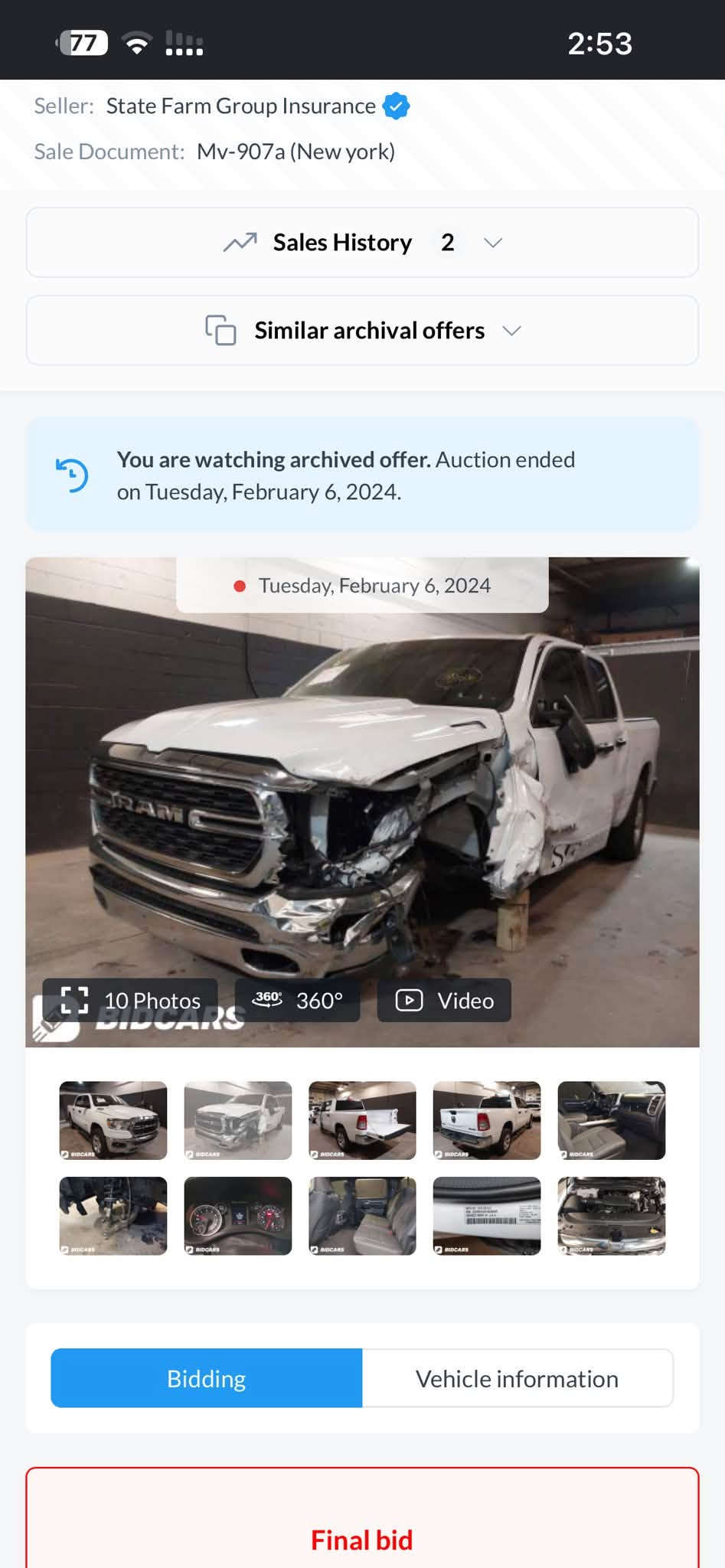 🔥 Dodge RAM 1500 موديل 2023 🔥
✅ محرك 3.6L V6 eTorque
✅ قير أوتوماتيك 8 سرعات
✅ دبل (4×4)
✅ بودي قصير – باب كبير (Crew Cab)
✅ بصمة تشغيل
✅ تشغيل عن بُعد
✅ شاشة لمس 8.4 إنش
✅ Apple CarPlay & Android Auto
✅ كاميرا خلفية
✅ مثبت سرعة
✅ حساسات خلفية
✅ جنوط ألمنيوم
✅ تحكم من المقود
✅ زجاج ومرايا كهربائية

حالة السيارة:
🔹 بدون إيرباكات
🔹 حافة بونيد
🔹 جاملغ
🔹 باب واحد صبغ

💰 السعر: 275$ ورقة وبيه مجال للمشتري الجاد.

الرقم و واتس اب : ***********

نص مكتوب في الصور:
- Seller: State Farm Group Insurance
- Sale Document: Mv-907a (New york)
- Sales History 2
- Similar archival offers
- You are watching archived offer. Auction ended on Tuesday, February 6, 2024.
- Tuesday, February 6, 2024
- 10 Photos
- 360°
- Video
- Bidding
- Vehicle information
- Final bid