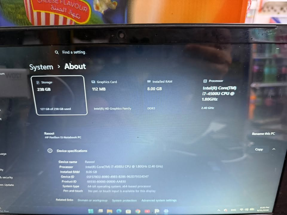 💻 للبيع لابتوب HP Pavilion 15 - بغداد 💻
لابتوب نظيف وشغال فحص 100% مع شاحنته الاصلية
مناسب للدراسة، العمل المكتبي، والتصفح

🔹 المواصفات:
- الموديل: HP Pavilion 15 Notebook PC
- الشاشة: 15.6 إنج FHD كبيرة ومريحة
- المعالج: Intel Core i7-4500U @ 2.40GHz
- الرام: 8GB DDR3
- الهارد: SSD 256GB سريع جدا
- كارت الشاشة: Intel HD Graphics
- النظام: Windows 11 جاهز
- مع شاحن HP اصلي

🔹 الحالة: مستعمل نظيف وشغال بدون اي مشاكل.

💰 السعر: 300 الف وبيه مجال للشراي الجاد
📍 المكان: بغداد

📞 للتواصل واتساب: ***********

الجهاز مفرمت وجاهز للاستخدام مباشرة.
