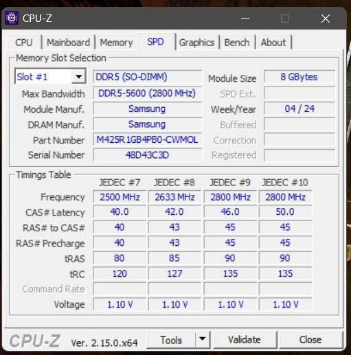 DDR5 LAPTOP GAMING 
حبتين كل وحده ٨ كيكا
السعر ٢٠٠ الف
مكاني بغداد
و الاستفسار وتساب
***********

نص مكتوب في الصور:
- CPU-Z CPU Mainboard Memory SPD Graphics Bench About General Type DDR5 Channel # 4 x 32-bit Size 16 GBytes Mem Controller Freq. 1297.1 MHz Uncore Frequency 2893.6 MHz Timings DRAM Frequency 2593.7 MHz FSB:DRAM 1:26 CAS# Latency (CL) 42.0 clocks RAS# to CAS# Delay (tRCD) 42 clocks RAS# Precharge (tRP) 42 clocks Cycle Time (tRAS) 82 clocks Bank Cycle Time (tRC) 124 clocks Command Rate (CR) 2T DRAM Idle Timer Total CAS# (tRDRAM) Row To Column (tRCD) CPU-Z Ver. 2.15.0.x64 Tools Validate Close
- CPU-Z CPU Mainboard Memory SPD Graphics Bench About Memory Slot Selection Slot #1 DDR5 (SO-DIMM) Module Size 8 GBytes Max Bandwidth DDR5-5600 (2800 MHz) SPD Ext. Module Manuf. Samsung Week/Year 04 / 24 DRAM Manuf. Samsung Buffered Part Number M425R1GB4PB0-CWMOL Correction Serial Number 48D43C3D Registered Timings Table JEDEC #7 JEDEC #8 JEDEC #9 JEDEC #10 Frequency 2500 MHz 2633 MHz 2800 MHz 2800 MHz CAS# Latency 40.0 42.0 46.0 50.0 RAS# to CAS# 40 43 45 45 RAS# Precharge 40 43 45 45 tRAS 80 85 90 90 tRC 120 127 135 135 Command Rate Voltage 1.10 V 1.10 V 1.10 V 1.10 V CPU-Z Ver. 2.15.0.x64 Tools Validate Close