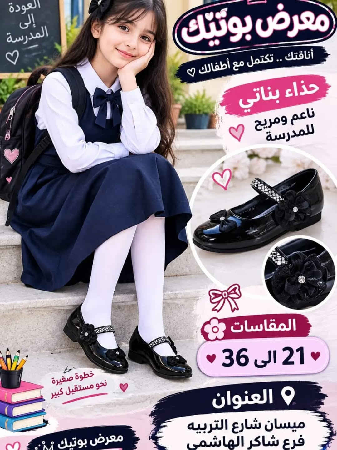 جديد من معرض بوتيك للموسم المدرسي حذاء بناتي فلات للبدلات والمناسبات قياساته من 21الى36 
السعر 15
تتوفر خدمة التوصيل العنوان ميسان شارع التربيه فرع شاكر الهاشمي اسم المحل معرض بوتيك للاستفسار ارسل رساله الى البيج او على رقم الهاتف ***********

نص مكتوب في الصور:
- العودة إلي المدرسة معرض بوتيك أناقتك .. تكتمل مع أطفالك حذاء بناتي ناعم ومريح للمدرسة المقاسات 21 الى 36 العنوان ميسان شارع التربيه فرع شاكر الهاشمي خطوة صغيرة نحو مستقبل كبير
- أناقة في كل خطوة معرض بوتيك أناقتك .. تكتمل مع أطفالك حذاء بناتي ناعم ومريح للمدرسة المقاسات 21 إلى 36 العنوان ميسان شارع التربيه فرع شاكر الملاك خطوة صغيرة نحو مستقبل كبير
- العودة إلى المدرسة معرض بوتيك أناقتك .. تكتمل مع أطفالك حذاء بناتي ناعم ومريح للمدرسة المقاسات 21 الى 36 العنوان ميسان شارع التربيه فرع شاكر الهاشمى خطوة صغيرة نحو مستقبل كبير معرض بوتيك
