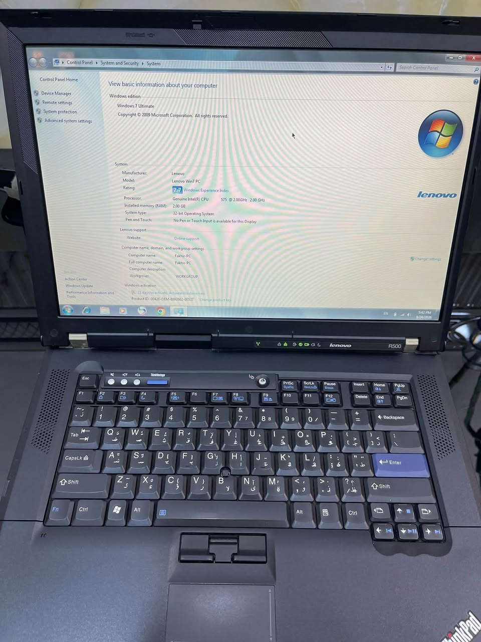 يلام عليكم لابتوب للبيع نوع ThinkPad R500 جهاز باله اصلي بي ضرر بسيط مثل ما موضح بصوره ينفع اصحاب الدراسة منصب عليه وندوز 7 بسعر 75.000 

توصيل متوفر.     ***********

نص مكتوب في الصور:
- Control Panel System and Security System
- Search Control Panel
- Home
- View basic information about your computer
- Windows edition
- Windows 7 Ultimate
- Copyright 2009 Microsoft Corporation. All rights reserved.
- System
- Manufacturer: Lenovo
- Model: Lenovo Win7 PC
- Rating: 2.7 Windows Experience Index
- Processor: Genuine Intel(R) CPU 575 @ 2.00GHz 2.00 GHz
- Installed memory (RAM): 2.00 GB
- System type: 32-bit Operating System
- Pen and Touch: No Pen or Touch Input is available for this Display
- Lenovo support
- Website: Online support
- Computer name, domain, and workgroup settings
- Computer name: Fakhir-PC
- Full computer name: Fakhir-PC
- Computer description:
- Workgroup: WORKGROUP
- Change settings
- Windows activation
- 21 days to activate, Activate Windows now
- Product ID: 00426-OEM-8992662-00537 Change product key
- EN
- 5:42 PM
- 9/24/2026