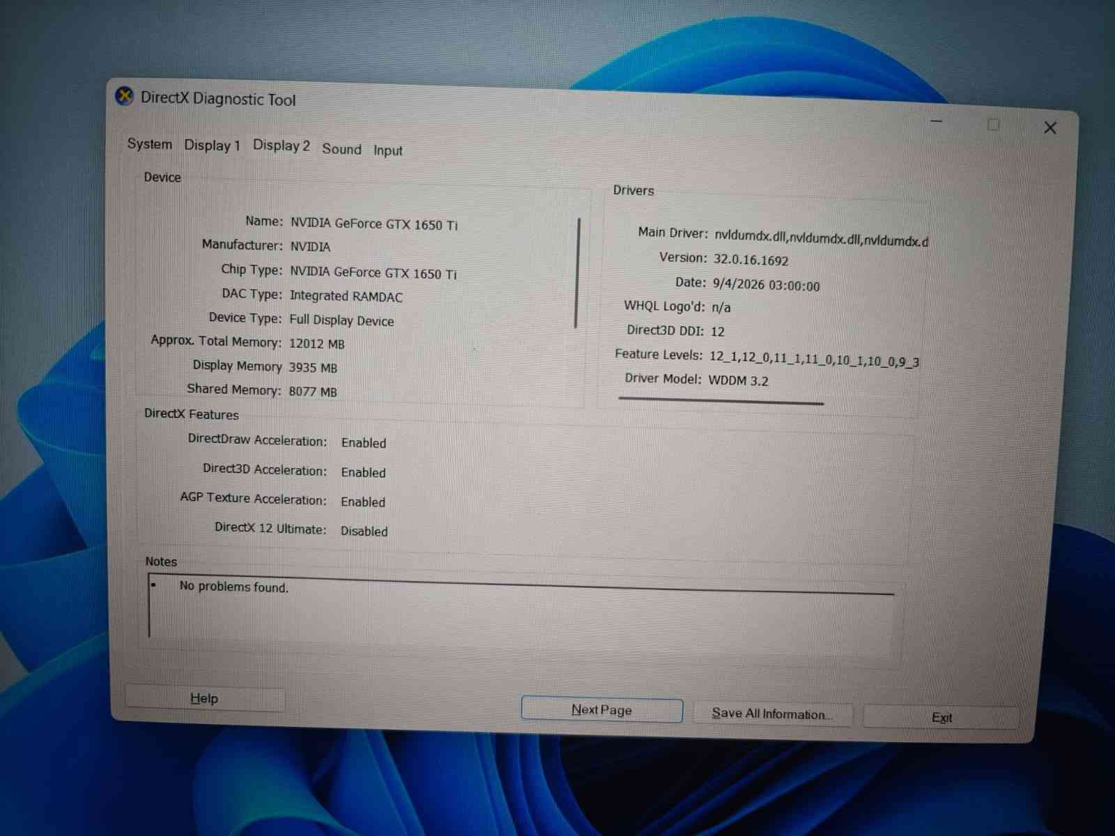 🔥 HP Gaming Pavilion | الجيل العاشر 

💰 السعر: 735 الف عراقي  
💻 لابتوب كيمينك مستخدم أوروبي نظيف

⚙️ المواصفات:
• المعالج: Intel Core i5-10300H
• الرام: RAM:16GB DDR4
• التخزين: SSD 256GB + HDD 1TB
• كرت الشاشة: NVIDIA GTX 1650 Ti 4GB
• الشاشة: 16 انج  تردد 60 HZ 

🎮 ينفع لـ:
الألعاب 🎮 | التصميم والمونتاج 🎬 | Photoshop | InDesign | AutoCAD | الدراسة والعمل

🎁 الملحقات: شاحن + حقيبة
🛡️ ضمان لمدة 7 أيام
🚗 يوجد توصيل لجميع المحافظات
📱 واتساب: ***********
☎️ اتصال: ***********

نص مكتوب في الصور:
- ياسر للحاسبات جودة عالية - أداء مضمون - أسعار منافسة بيع لابتوبات
- DirectX Diagnostic Tool
- System Display 1 Display 2 Sound Input
- This tool reports detailed information about the DirectX components and drivers installed on your system.
- If you know what area is causing the problem, click the appropriate tab above. Otherwise, you can use the "Next Page" button below to visit each page in sequence.
- System Information
- Current Date/Time: Sunday, September 20, 2026, 10:21:12 PM
- Computer Name: DESKTOP-G2S56KJ
- Operating System: Windows 11 Pro 64-bit (10.0, Build 26200)
- Language: English (Regional Setting: English)
- System Manufacturer: HP
- System Model: HP Pavilion Gaming Laptop 16-a0xxx
- BIOS: F.27
- Processor: Intel(R) Core(TM) i5-10300H CPU @ 2.50GHz (8 CPUs), ~2.5GHz
- Memory: 16384MB RAM
- Page file: 4512MB used, 14586MB available
- DirectX Version: DirectX 12
- Check for WHQL digital signatures
- DxDiag 10.00.26100.7920 64-bit Unicode Copyright © Microsoft. All rights reserved.
- Help
- Next Page
- Save All Information...
- Exit
- DirectX Diagnostic Tool System Display 1 Display 2 Sound Input Device Name: Intel(R) UHD Graphics Manufacturer: Intel Corporation Chip Type: Intel(R) UHD Graphics Family DAC Type: Internal Device Type: Full Display Device Approx. Total Memory: 8205 MB Display Memory: 128 MB Shared Memory: 8077 MB DirectX Features DirectDraw Acceleration: Enabled Direct3D Acceleration: Enabled AGP Texture Acceleration: Enabled DirectX 12 Ultimate: Disabled Drivers Main Driver: igdumdim64.dll,igd10iumd64.dll,igd10 Version: 31.0.101.2140 Date: 11/5/2025 03:00:00 WHQL Logo'd: n/a Direct3D DDI: 12 Feature Levels: 12_1,12_0,11_1,11_0,10_1,10_0,9_3 Driver Model: WDDM 3.1 Notes No problems found. Help Next Page Save All Information... Exit
- DirectX Diagnostic Tool System Display 1 Display 2 Sound Input Device Name: NVIDIA GeForce GTX 1650 Ti Manufacturer: NVIDIA Chip Type: NVIDIA GeForce GTX 1650 Ti DAC Type: Integrated RAMDAC Device Type: Full Display Device Approx. Total Memory: 12012 MB Display Memory: 3935 MB Shared Memory: 8077 MB DirectX Features DirectDraw Acceleration: Enabled Direct3D Acceleration: Enabled AGP Texture Acceleration: Enabled DirectX 12 Ultimate: Disabled Drivers Main Driver: nvldumdx.dll,nvldumdx.dll,nvldumdx.d Version: 32.0.16.1692 Date: 9/4/2026 03:00:00 WHQL Logo'd: n/a Direct3D DDI: 12 Feature Levels: 12_1,12_0,11_1,11_0,10_1,10_0,9_3 Driver Model: WDDM 3.2 Notes No problems found. Help Next Page Save All Information... Exit