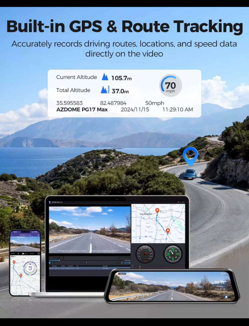 كاميرا مرآة السيارة AZDOME PG17 MAX بدقة 4K مع نظام ADAS وBSD وLCA، كاميرا خلفية للسيارة مع واي فاي 5.8 جيجا، رؤية ليلية فائقة، GPS، تحكم صوتي، شاشة 12 بوصة ***********بغداد يوجد خدمه توصيل

نص مكتوب في الصور:
- Built-in GPS & Route Tracking Accurately records driving routes, locations, and speed data directly on the video Current Altitude 105.7m Total Altitude 37.0m 35.595583 82.487984 50mph 70 mph AZDOME PG17 Max 2024/11/15 11:29:10 AM
- Advanced Driver Assistance System (ADAS)
- Enhance safety with real-time alerts to prevent accidents
- 63ft
- 15ft
- AZDOME
- Forward Collision Warning
- Lane Departure Warning
- Pedestrian Collision Warning
- Front Vehicle Start Warning
- Close Distance Warning
- Blind Spot Detection (BSD) & Lane Change Assist (LCA)
- Monitor blind spots, issue timely alerts for approaching vehicles
- Rear Collision Warning
- Lane Change Assist
- 5.8GHz WiFi & App Control
- Enjoy swift and seamless file transfer with ultra-fast
- wireless connection
- GET IT ON
- Google Play
- Download on the
- App Store
- 4X Faster Transfer Speed
- AZDOME 5.8GHz WiFi 8MB/s
- Other WiFi 6 6MB/s
- Other 2.4GHz WiFi 4MB/s
- Note: Please keep dashcam and your phone within 10ft.
- AZDOME PG17 MAX 12" Touch Screen UHD 4K+2.5K 5.8GHz WIFI ADAS/BSD&LCA 365 Days Free Warranty • 15 Days Free Return • 48H Fast Shipping